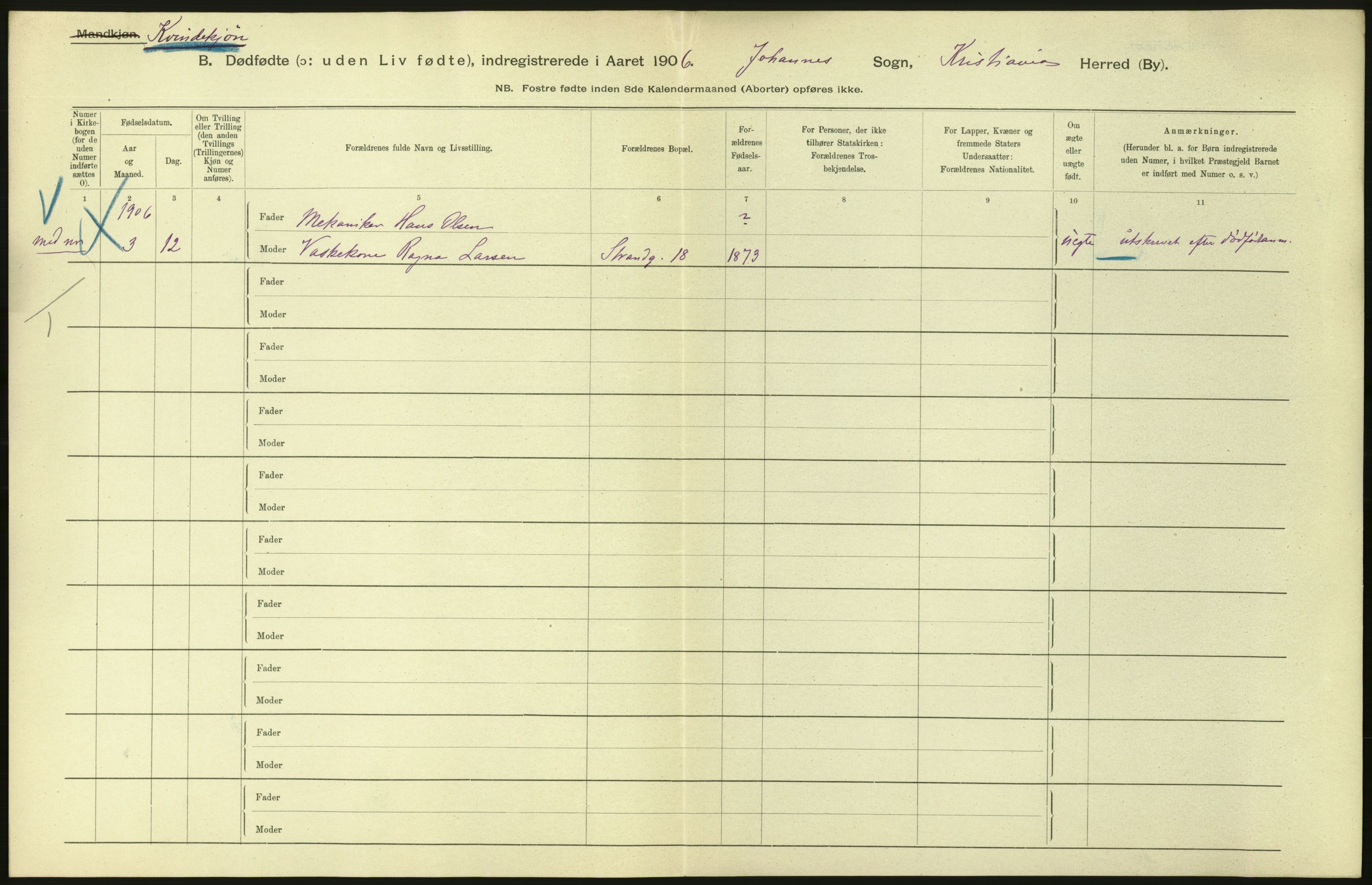 Statistisk sentralbyrå, Sosiodemografiske emner, Befolkning, RA/S-2228/D/Df/Dfa/Dfad/L0010: Kristiania: Døde, dødfødte, 1906, p. 4