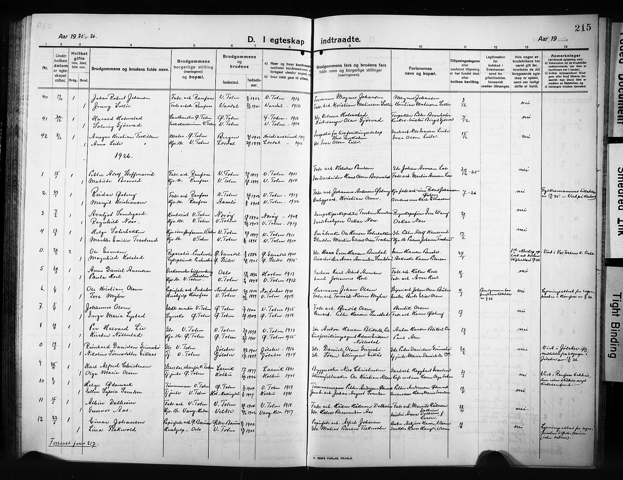 Vestre Toten prestekontor, SAH/PREST-108/H/Ha/Hab/L0012: Parish register (copy) no. 12, 1909-1928, p. 215