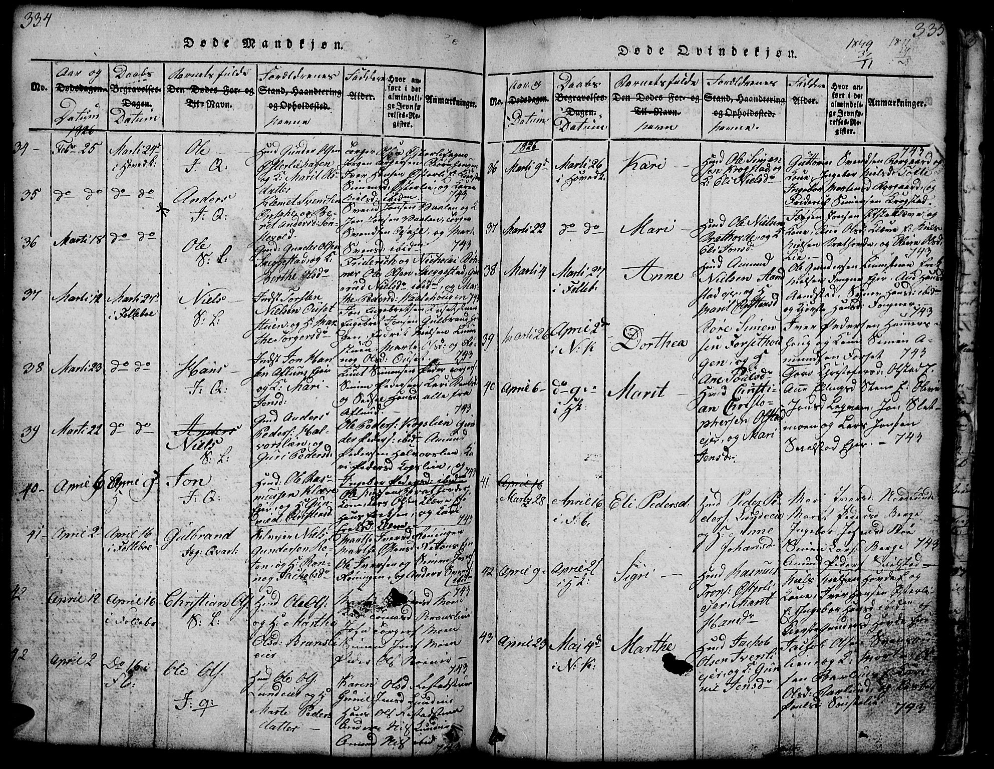 Gausdal prestekontor, AV/SAH-PREST-090/H/Ha/Hab/L0001: Parish register (copy) no. 1, 1817-1848, p. 334-335