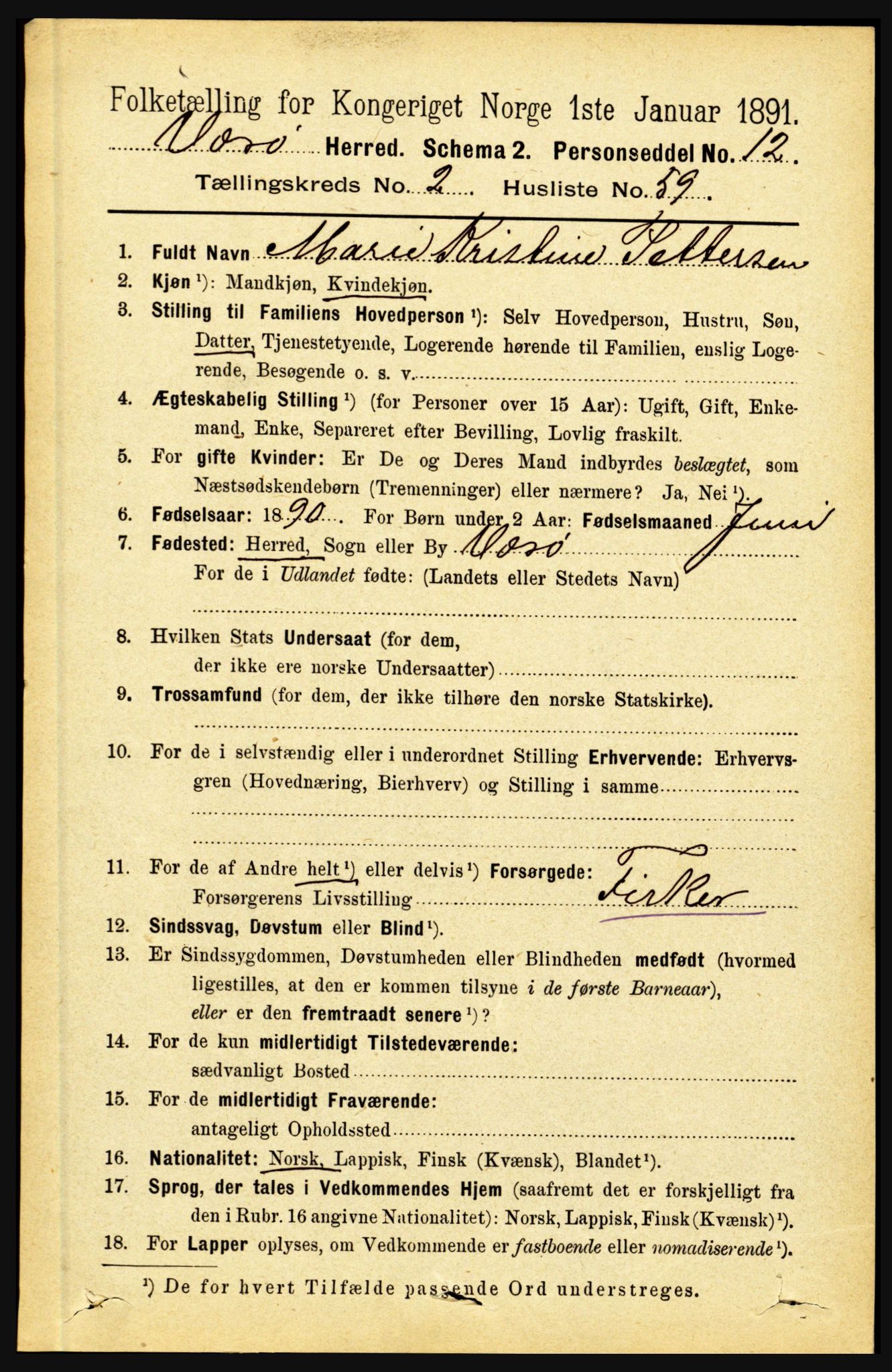 RA, 1891 census for 1857 Værøy, 1891, p. 696