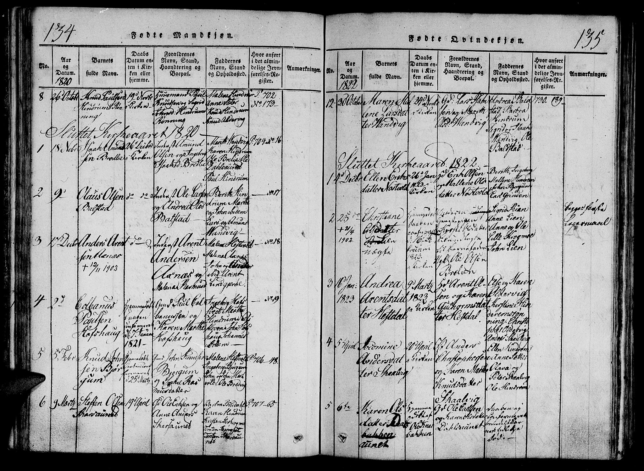 Ministerialprotokoller, klokkerbøker og fødselsregistre - Nord-Trøndelag, SAT/A-1458/701/L0005: Parish register (official) no. 701A05 /2, 1816-1825, p. 134-135