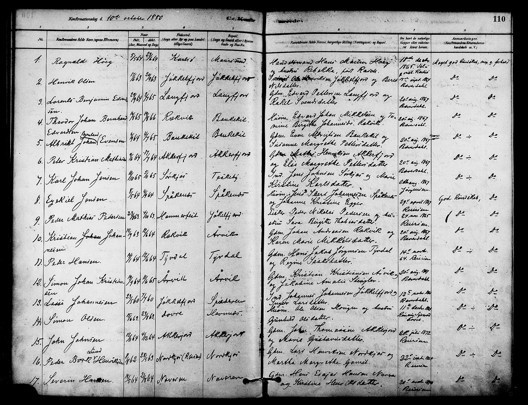Skjervøy sokneprestkontor, SATØ/S-1300/H/Ha/Haa/L0009kirke: Parish register (official) no. 9, 1878-1887, p. 110