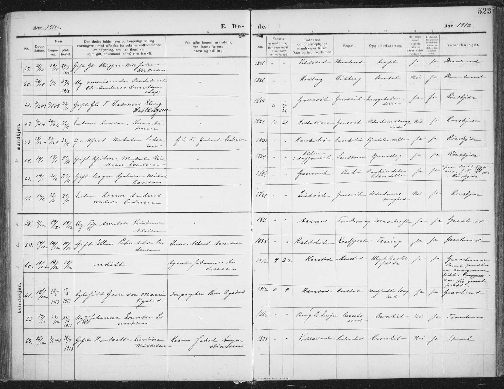 Trondenes sokneprestkontor, AV/SATØ-S-1319/H/Ha/L0018kirke: Parish register (official) no. 18, 1909-1918, p. 523