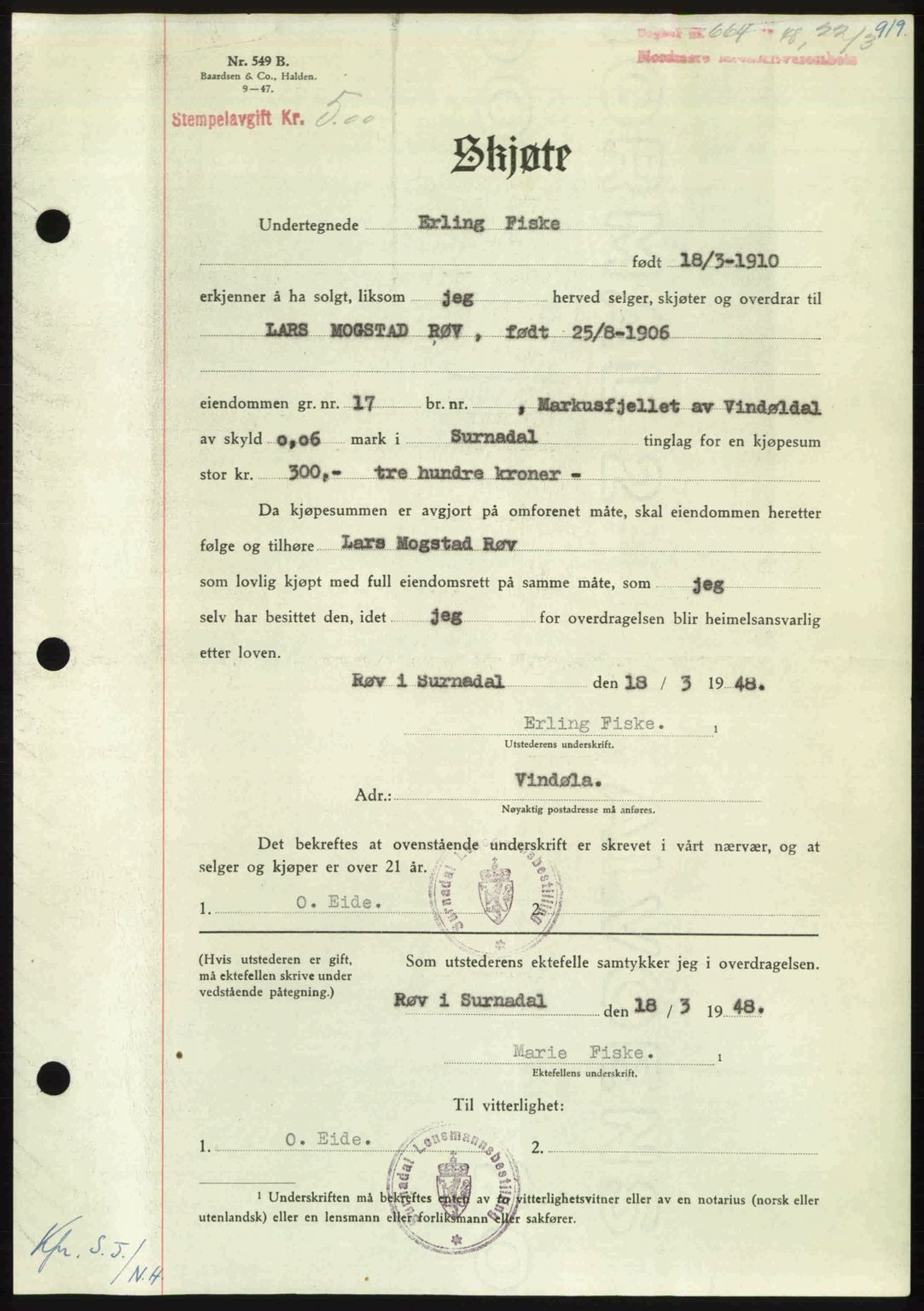 Nordmøre sorenskriveri, AV/SAT-A-4132/1/2/2Ca: Mortgage book no. A107, 1947-1948, Diary no: : 664/1948