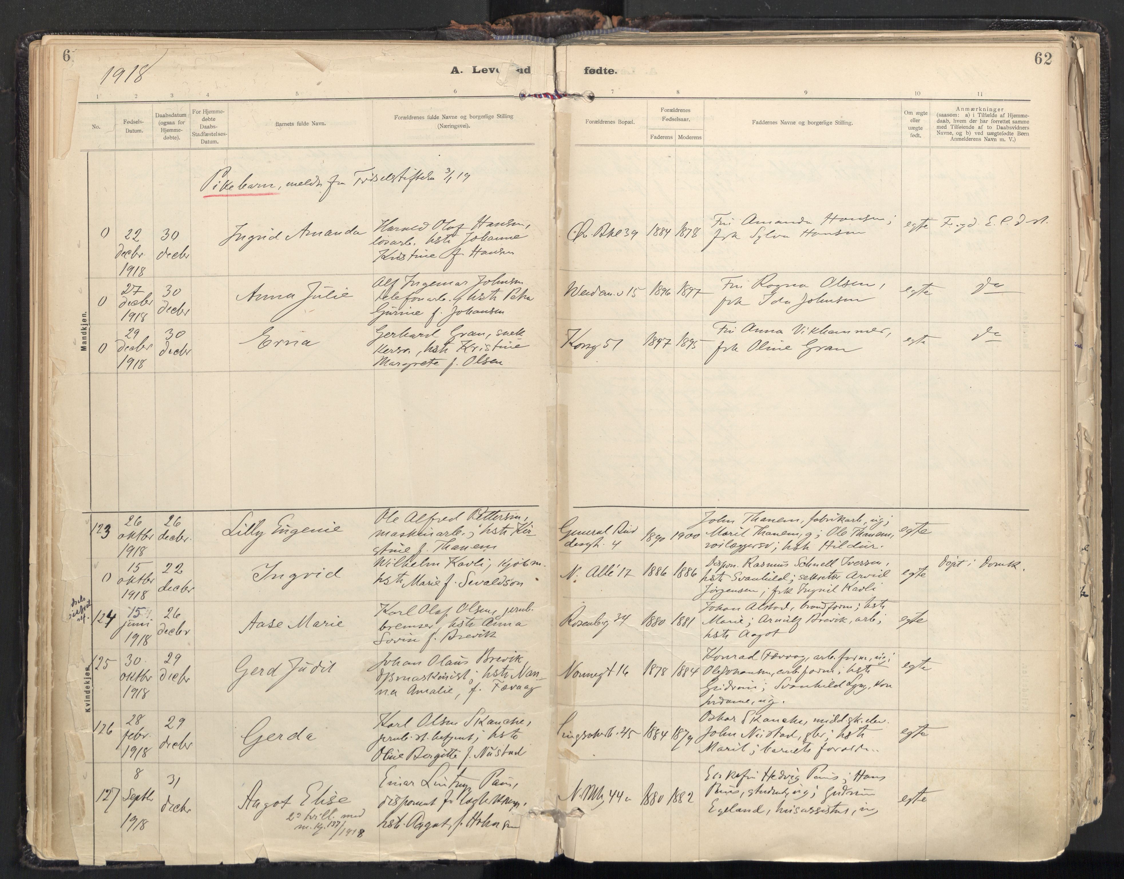 Ministerialprotokoller, klokkerbøker og fødselsregistre - Sør-Trøndelag, SAT/A-1456/604/L0205: Parish register (official) no. 604A25, 1917-1932, p. 62