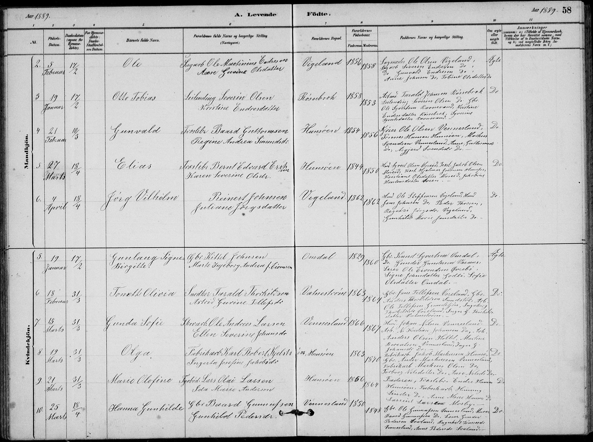 Vennesla sokneprestkontor, AV/SAK-1111-0045/Fb/Fbb/L0003: Parish register (copy) no. B 3, 1879-1893, p. 58