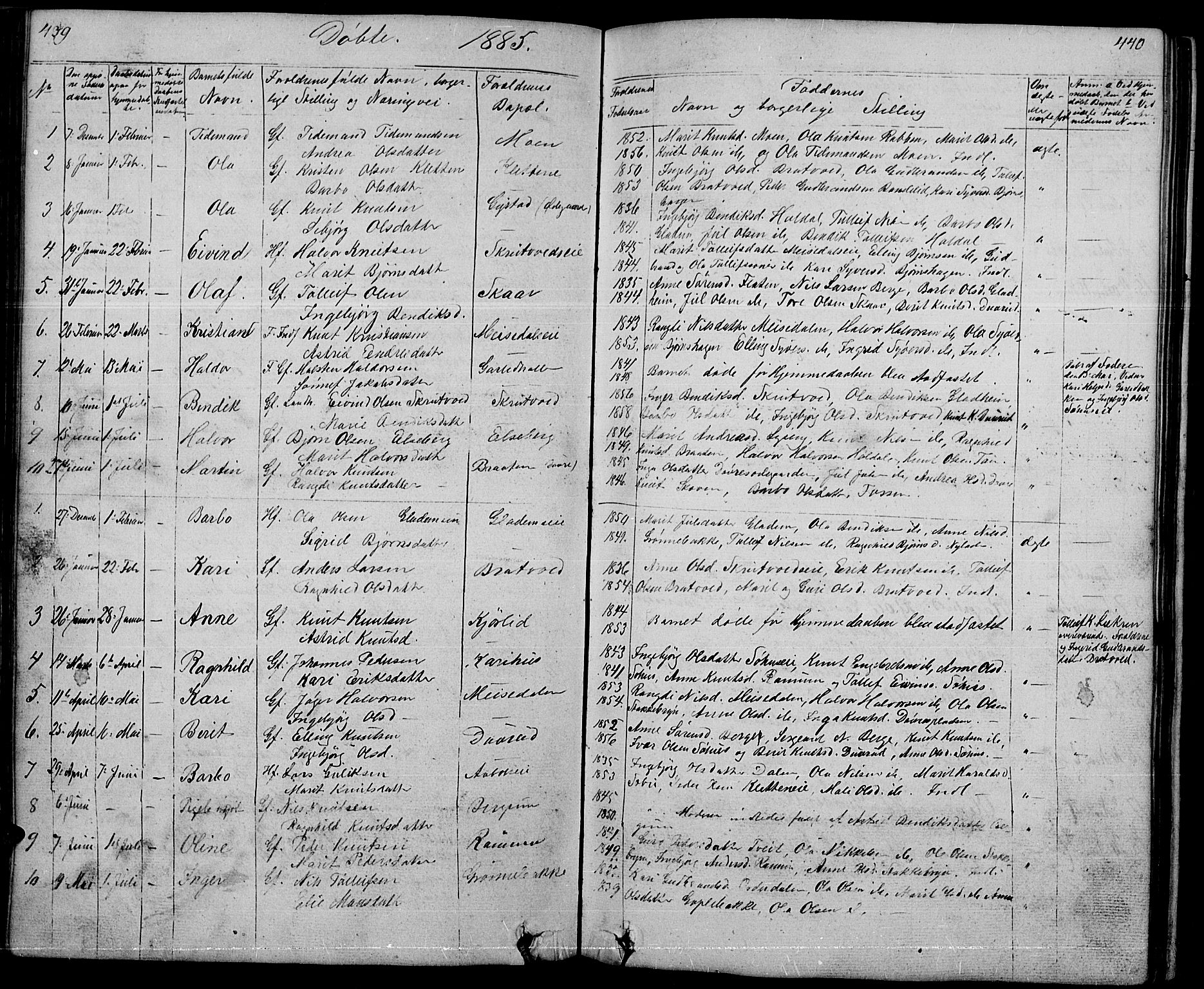Nord-Aurdal prestekontor, SAH/PREST-132/H/Ha/Hab/L0001: Parish register (copy) no. 1, 1834-1887, p. 439-440