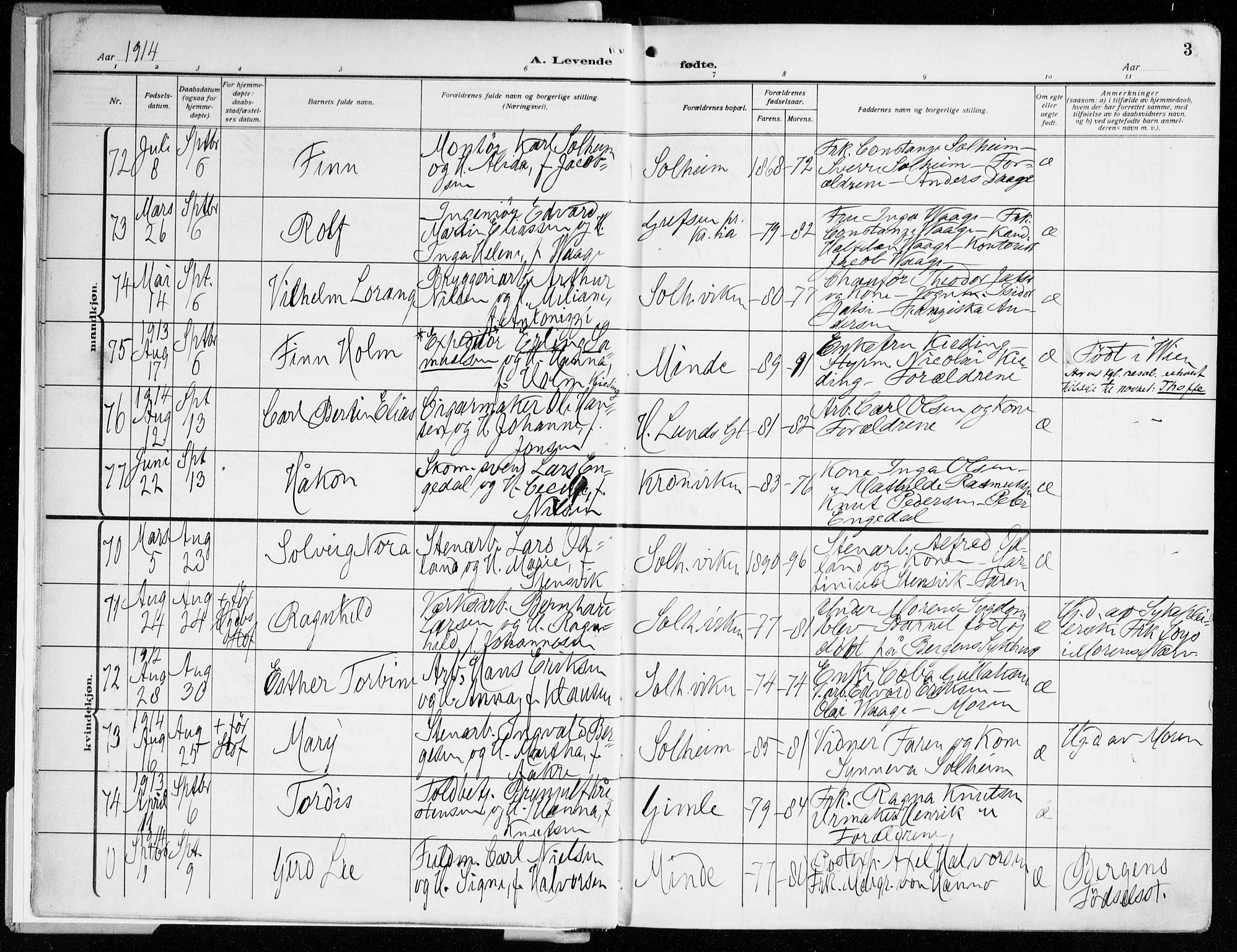 Årstad Sokneprestembete, AV/SAB-A-79301/H/Haa/L0003: Parish register (official) no. A 3, 1914-1919, p. 3