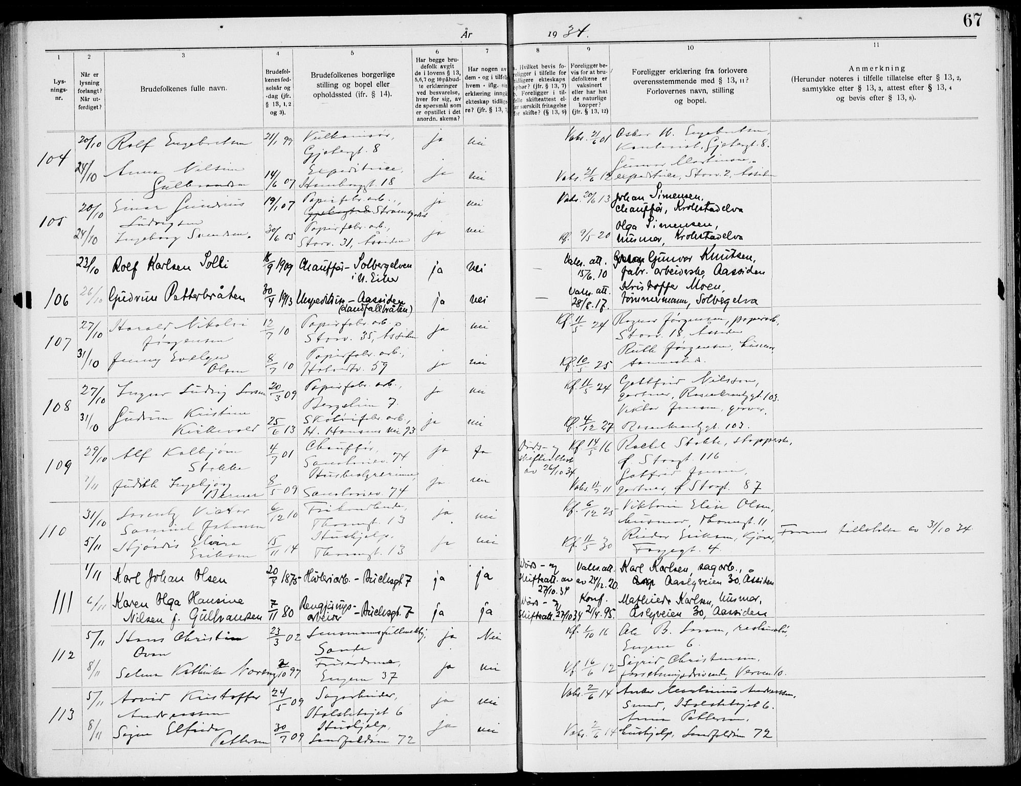 Bragernes kirkebøker, AV/SAKO-A-6/H/Ha/L0013: Banns register no. 13, 1929-1937, p. 67