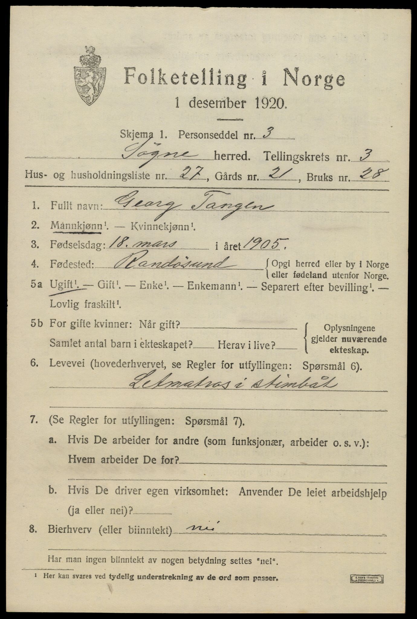 SAK, 1920 census for Søgne, 1920, p. 1869