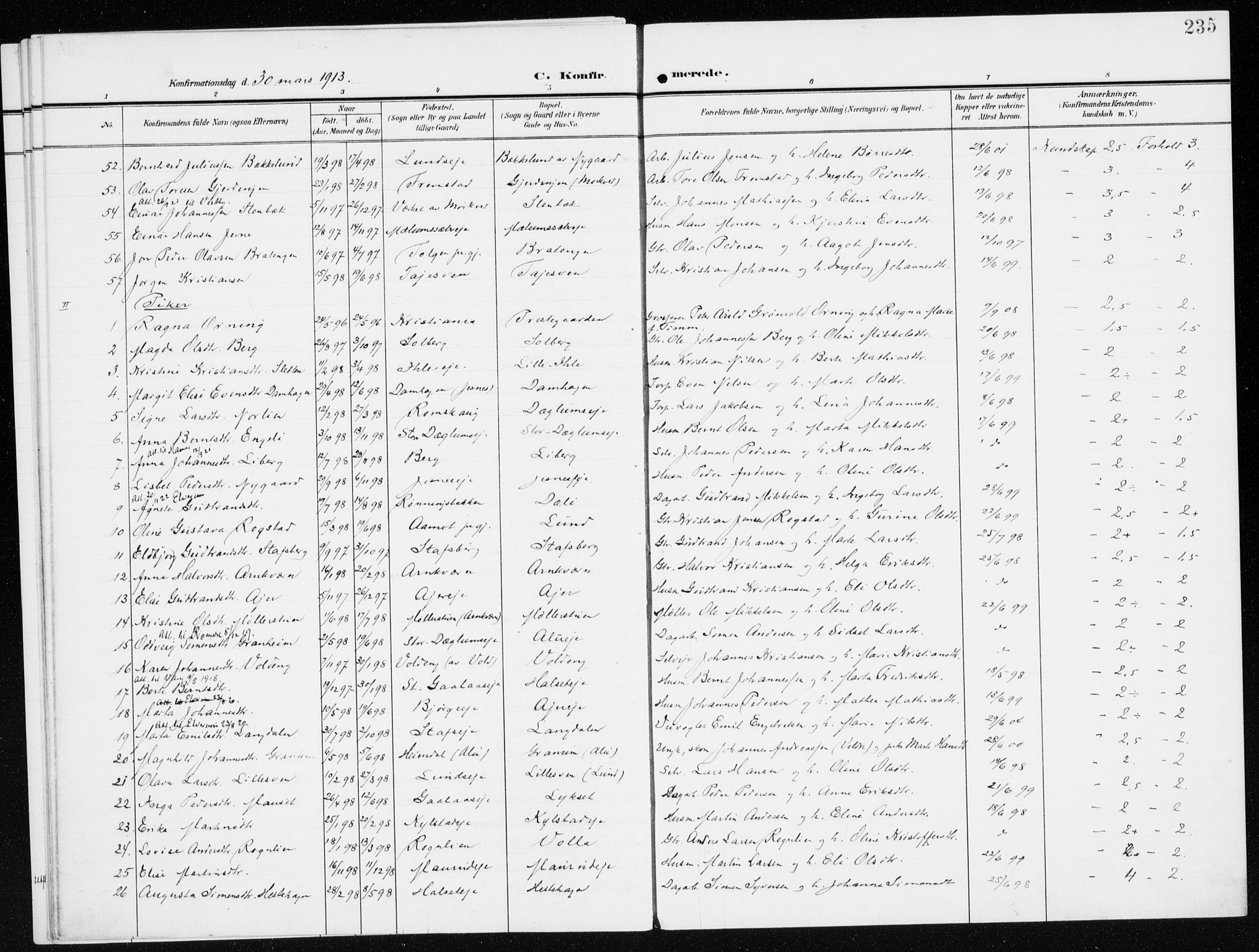 Furnes prestekontor, SAH/PREST-012/K/Ka/L0001: Parish register (official) no. 1, 1907-1935, p. 235