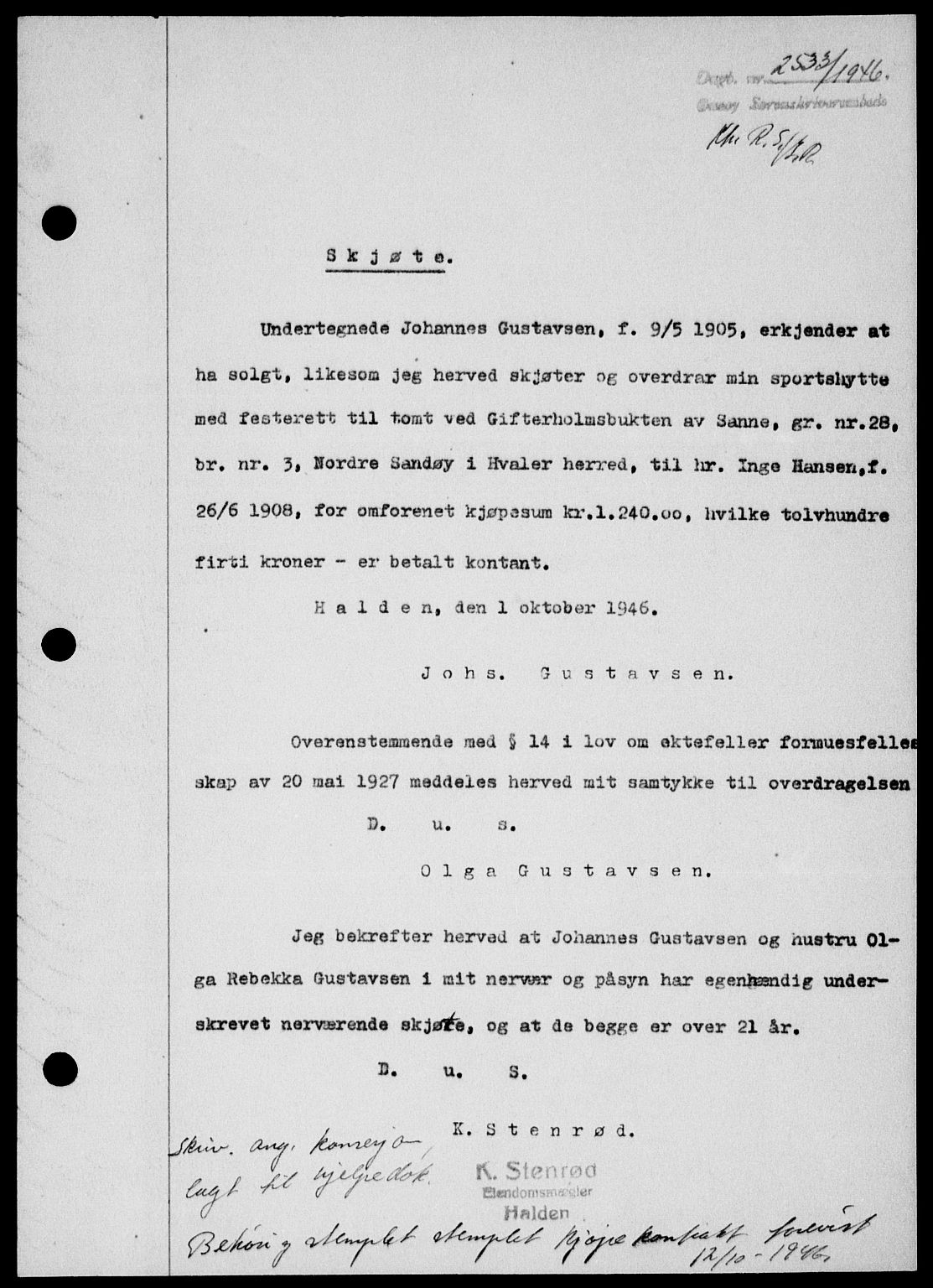 Onsøy sorenskriveri, SAO/A-10474/G/Ga/Gab/L0017: Mortgage book no. II A-17, 1946-1946, Diary no: : 2533/1946