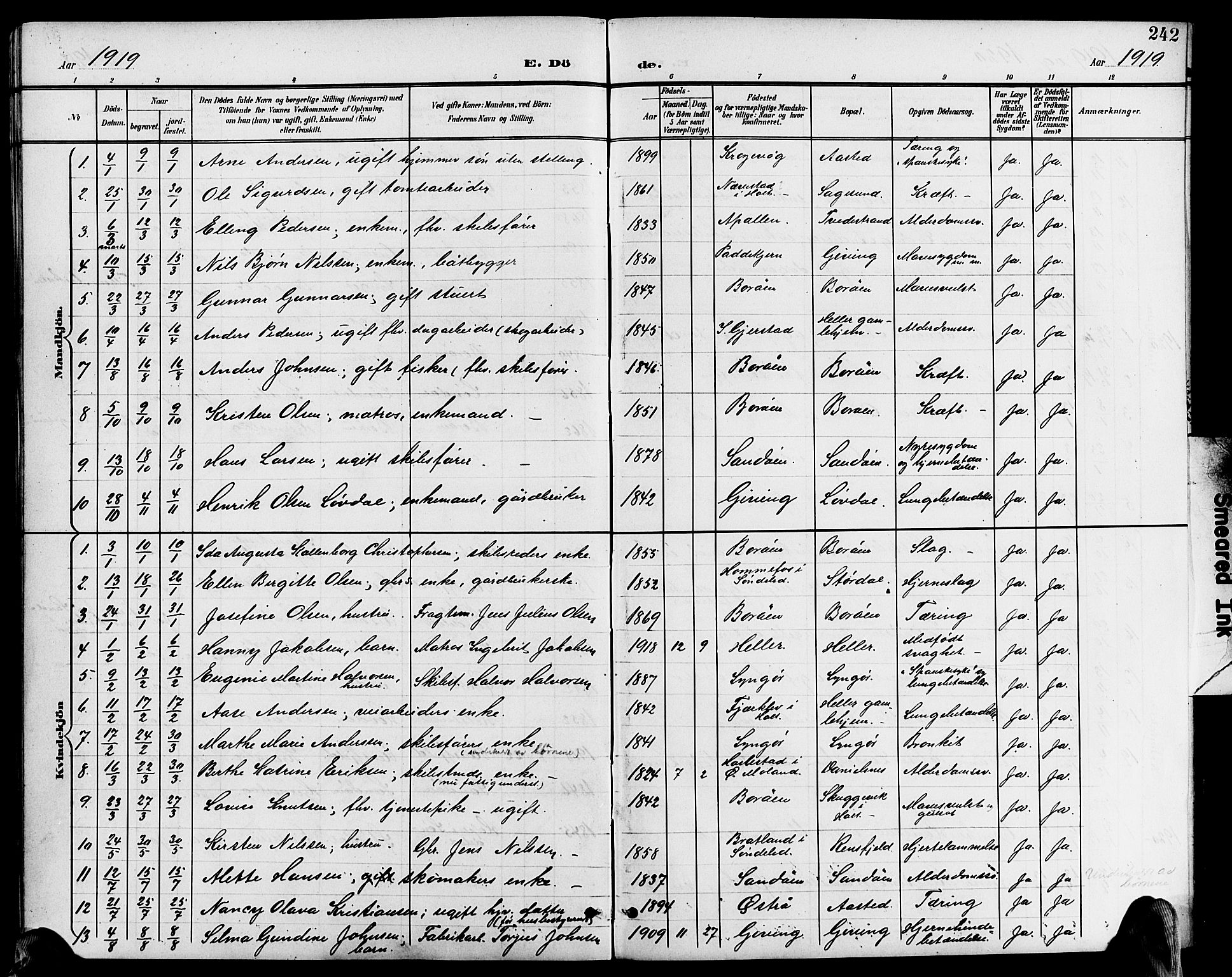 Dypvåg sokneprestkontor, AV/SAK-1111-0007/F/Fb/Fba/L0014: Parish register (copy) no. B 14, 1901-1922, p. 242