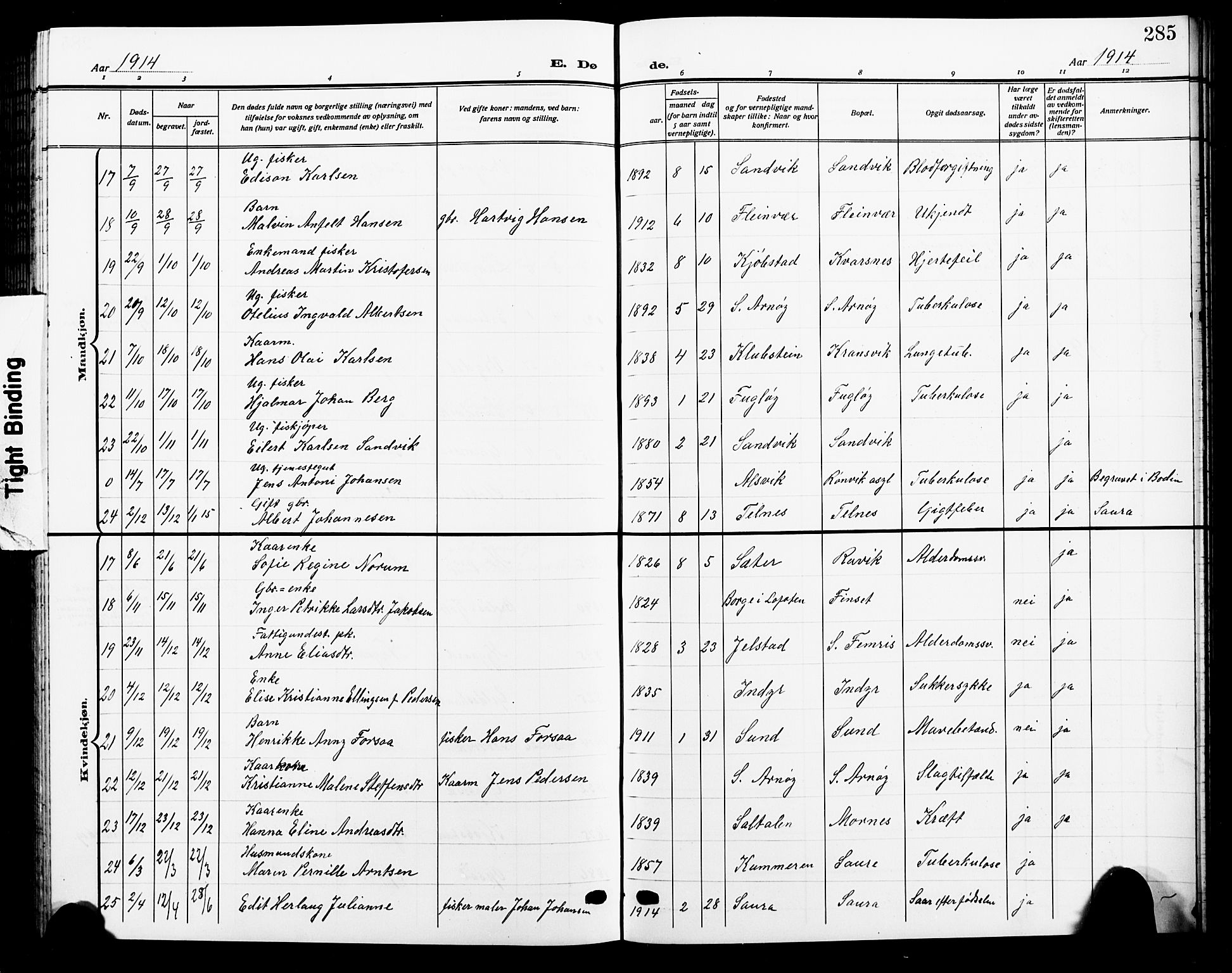 Ministerialprotokoller, klokkerbøker og fødselsregistre - Nordland, AV/SAT-A-1459/805/L0110: Parish register (copy) no. 805C06, 1909-1924, p. 285