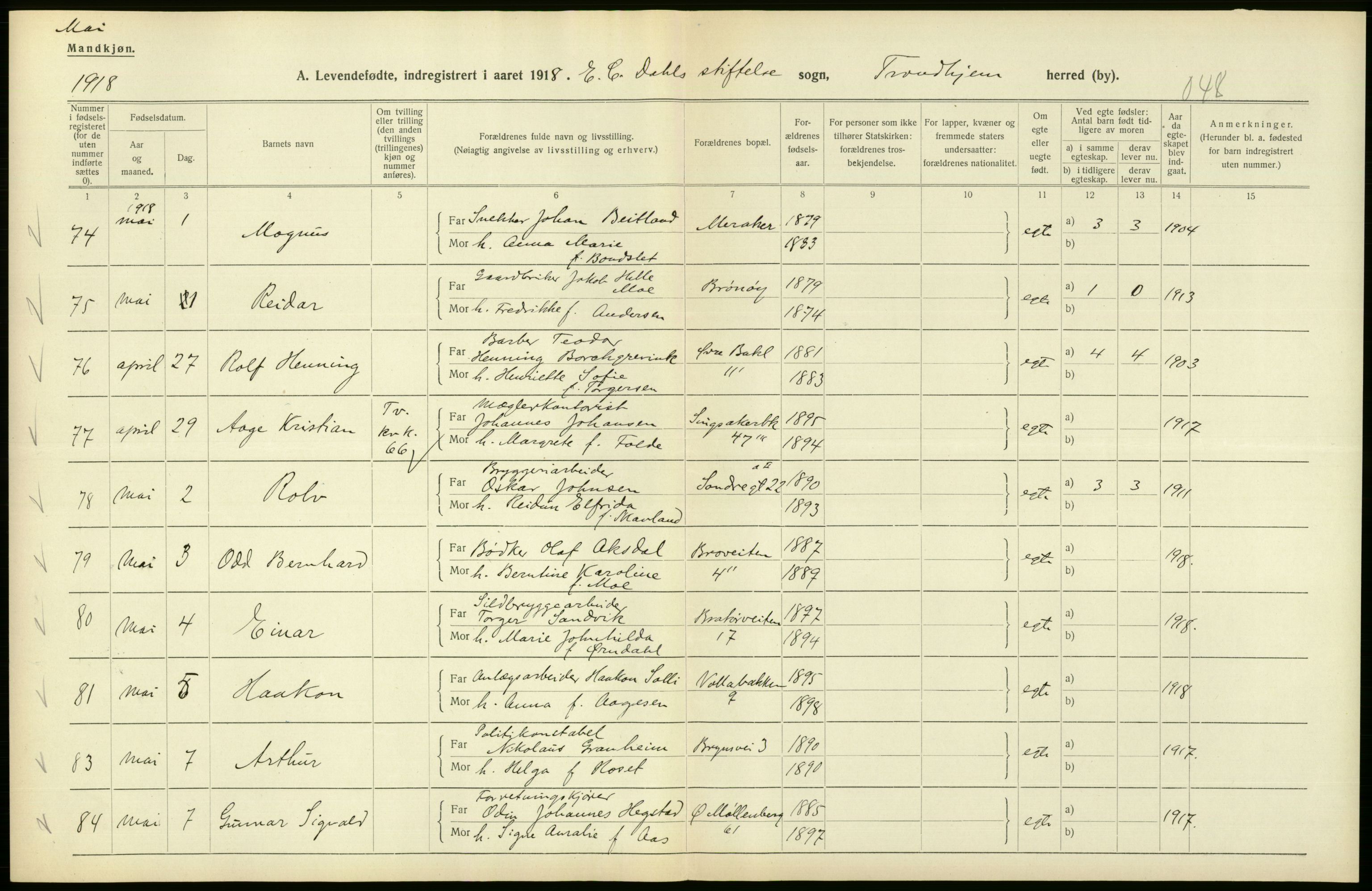 Statistisk sentralbyrå, Sosiodemografiske emner, Befolkning, RA/S-2228/D/Df/Dfb/Dfbh/L0048: Trondheim: Levendefødte menn og kvinner, gifte., 1918, p. 460