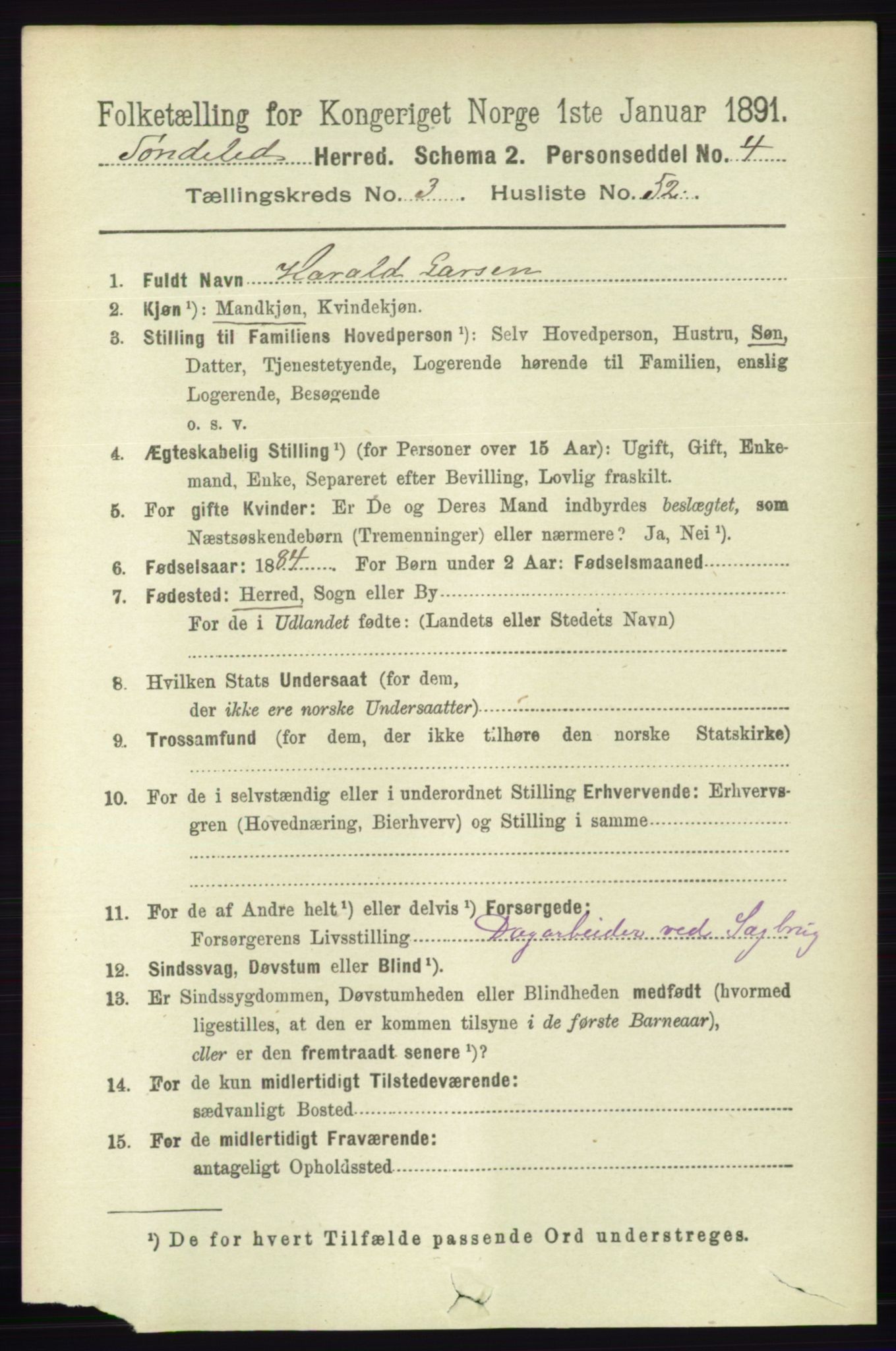 RA, 1891 census for 0913 Søndeled, 1891, p. 867