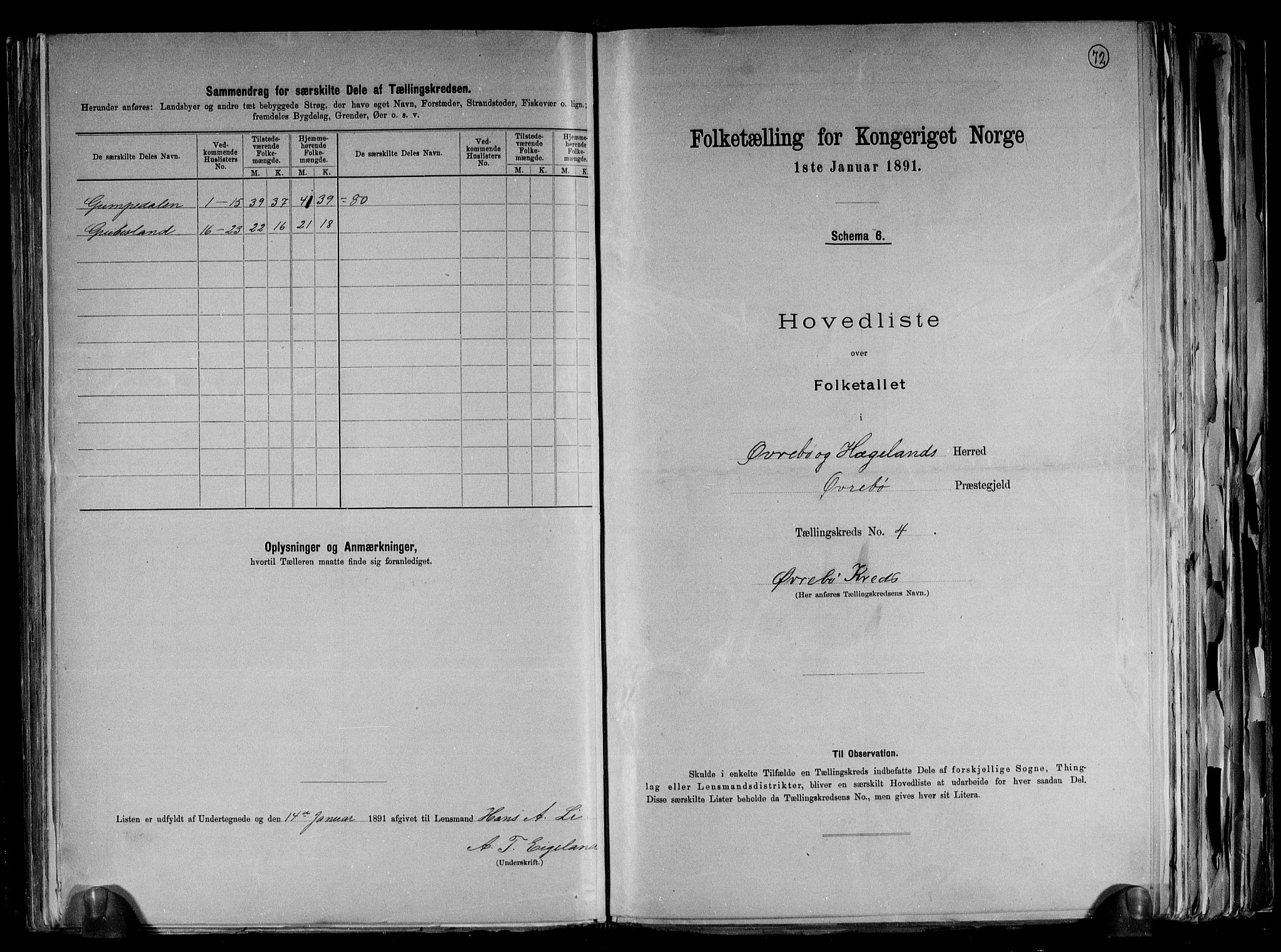 RA, 1891 census for 1016 Øvrebø og Hægeland, 1891, p. 12