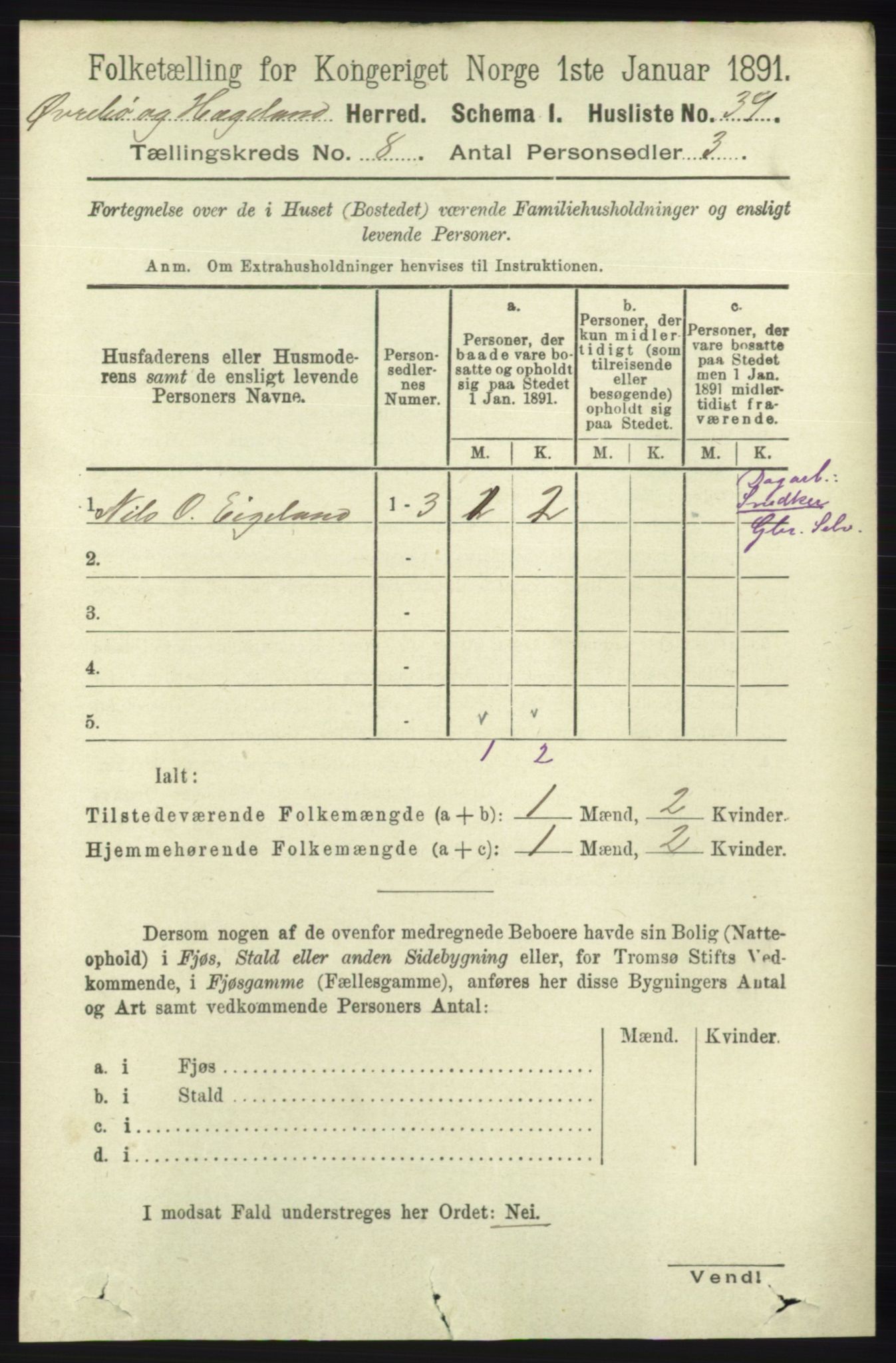 RA, 1891 census for 1016 Øvrebø og Hægeland, 1891, p. 1471