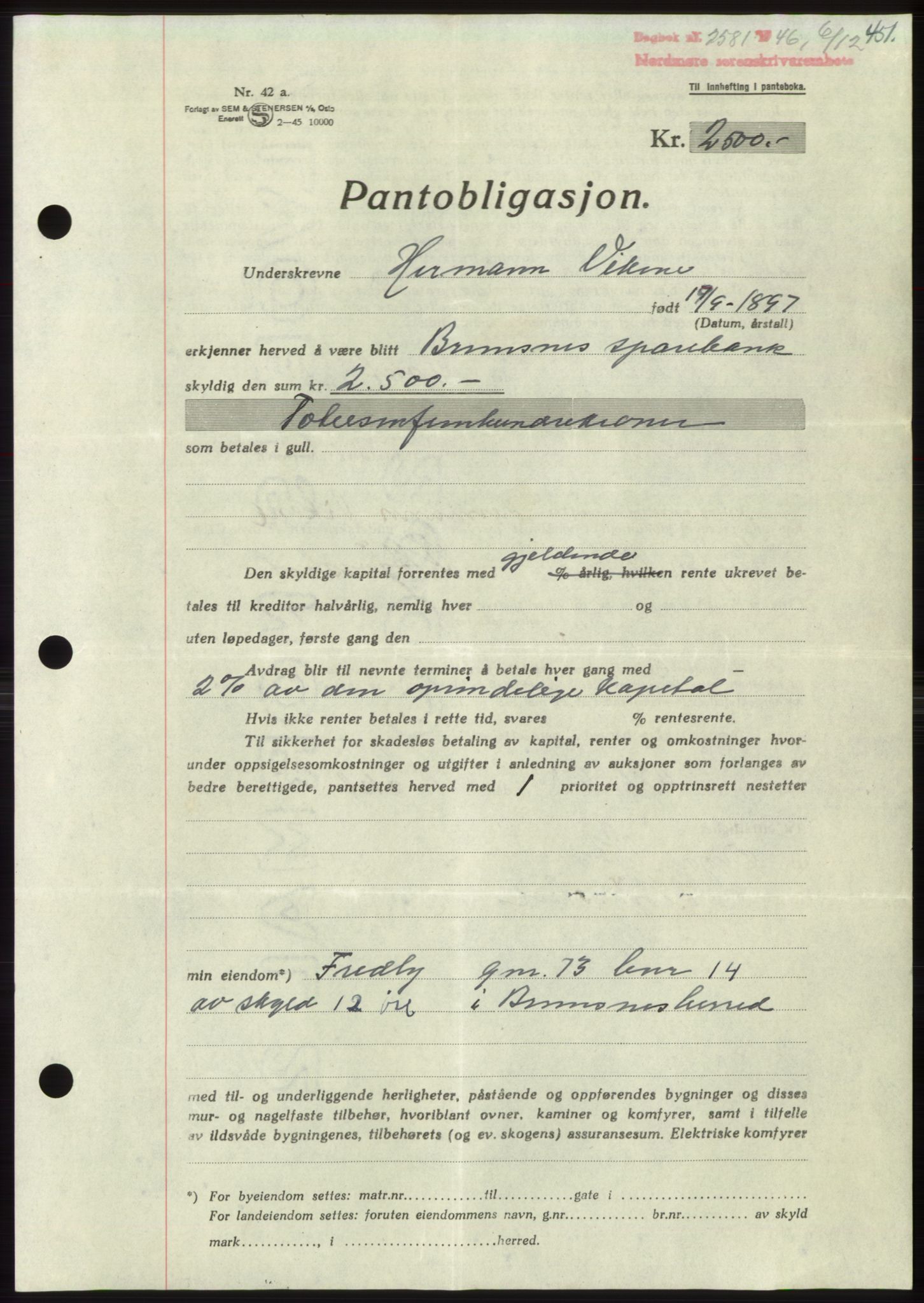 Nordmøre sorenskriveri, AV/SAT-A-4132/1/2/2Ca: Mortgage book no. B95, 1946-1947, Diary no: : 2581/1946