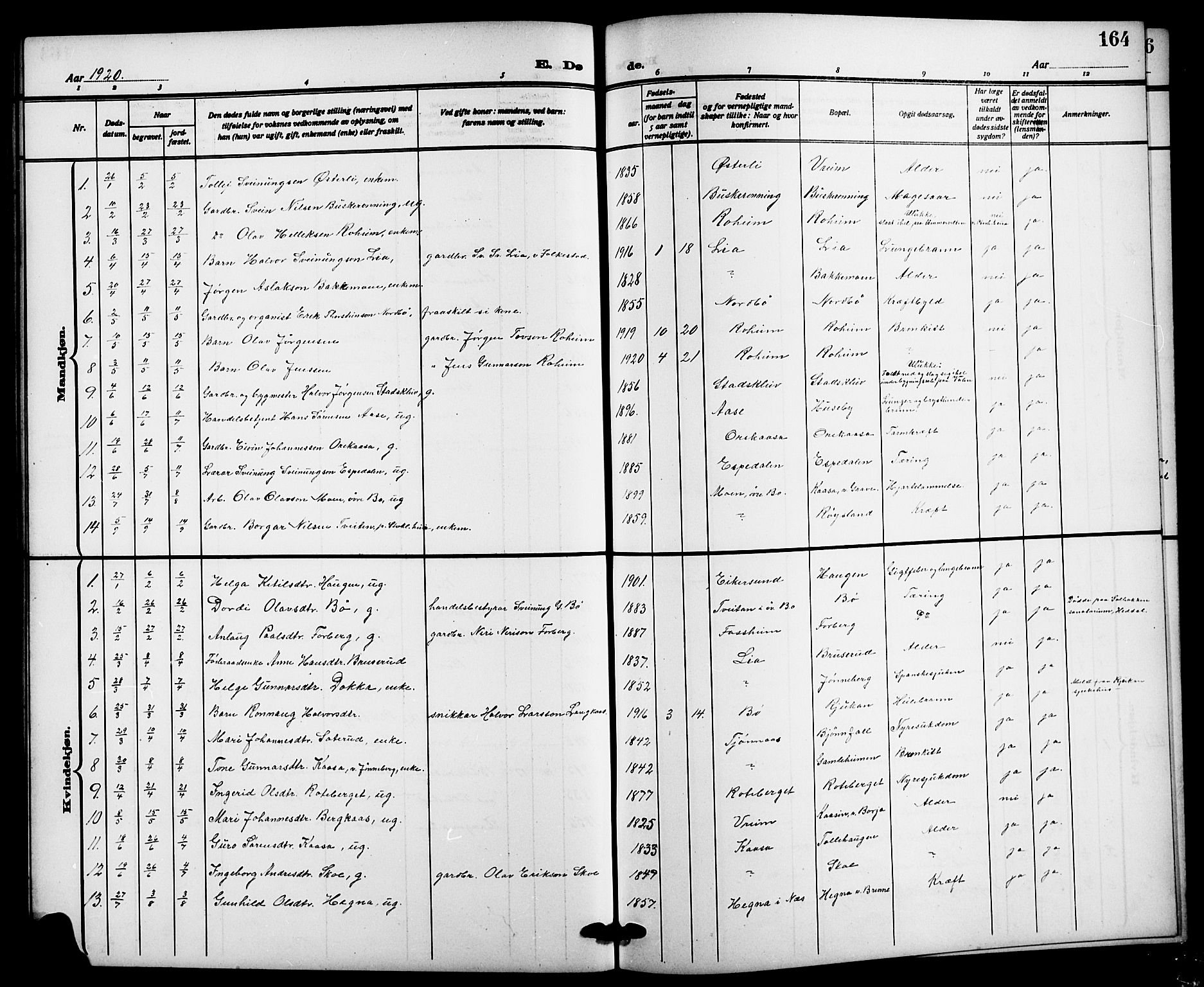 Bø kirkebøker, SAKO/A-257/G/Ga/L0007: Parish register (copy) no. 7, 1909-1924, p. 164