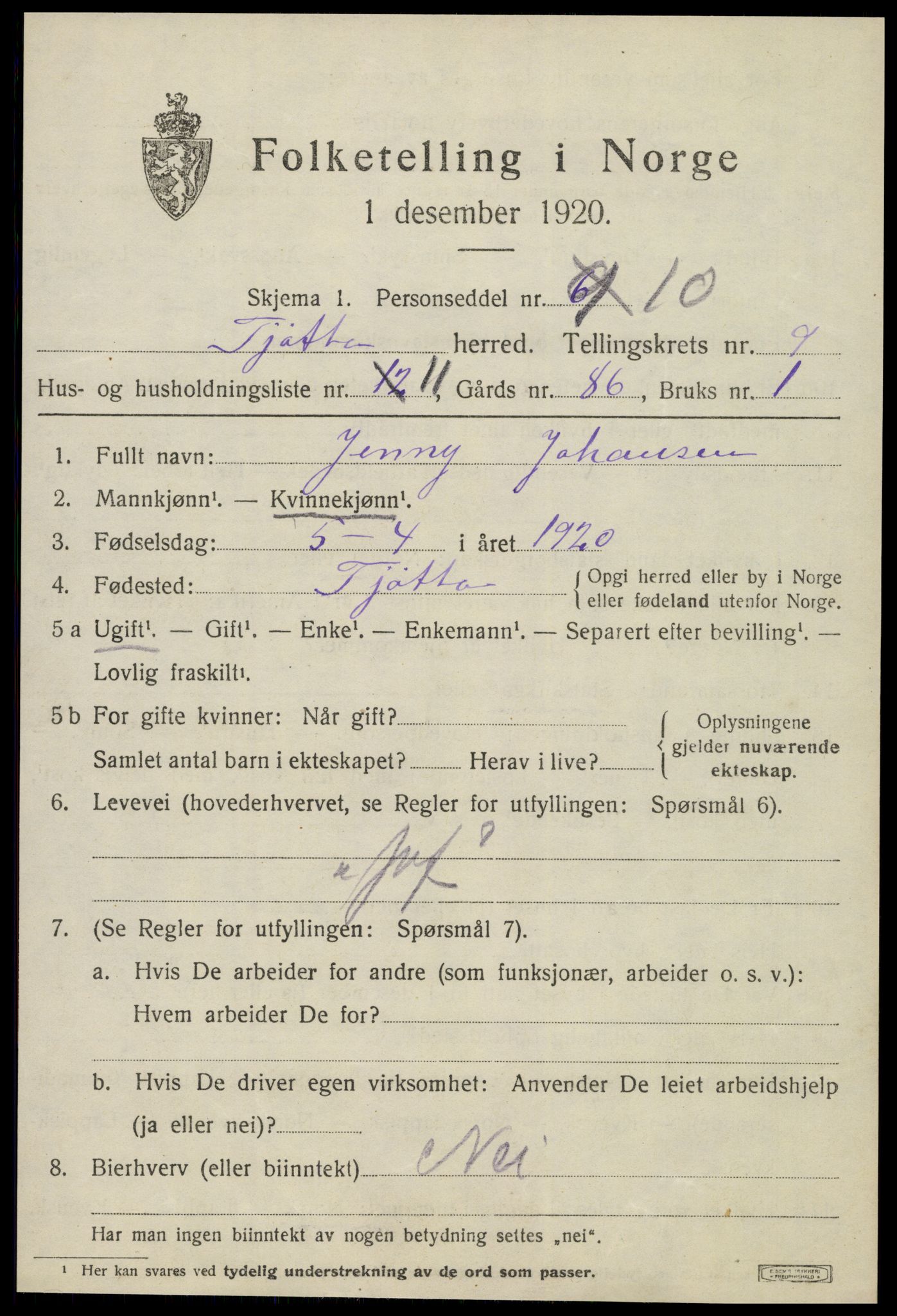 SAT, 1920 census for Tjøtta, 1920, p. 4055