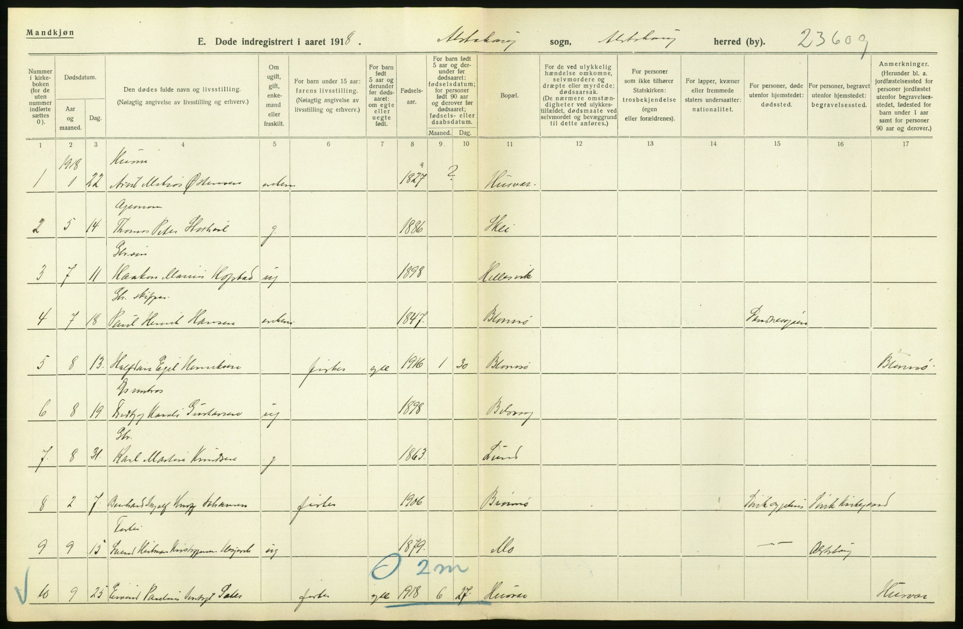 Statistisk sentralbyrå, Sosiodemografiske emner, Befolkning, AV/RA-S-2228/D/Df/Dfb/Dfbh/L0055: Nordland fylke: Døde. Bygder og byer., 1918, p. 102