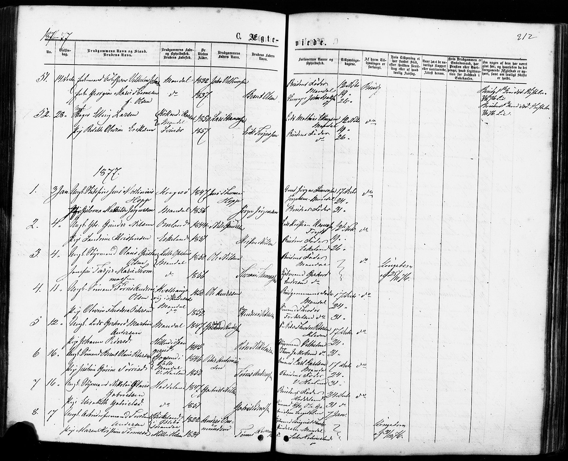 Mandal sokneprestkontor, AV/SAK-1111-0030/F/Fa/Faa/L0015: Parish register (official) no. A 15, 1873-1879, p. 212