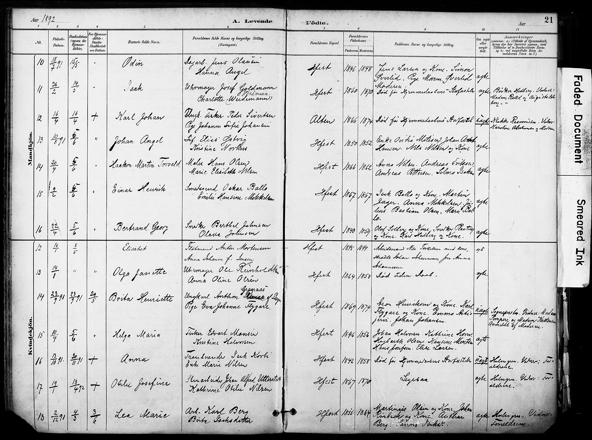 Hammerfest sokneprestkontor, AV/SATØ-S-1347/H/Ha/L0009.kirke: Parish register (official) no. 9, 1889-1897, p. 21