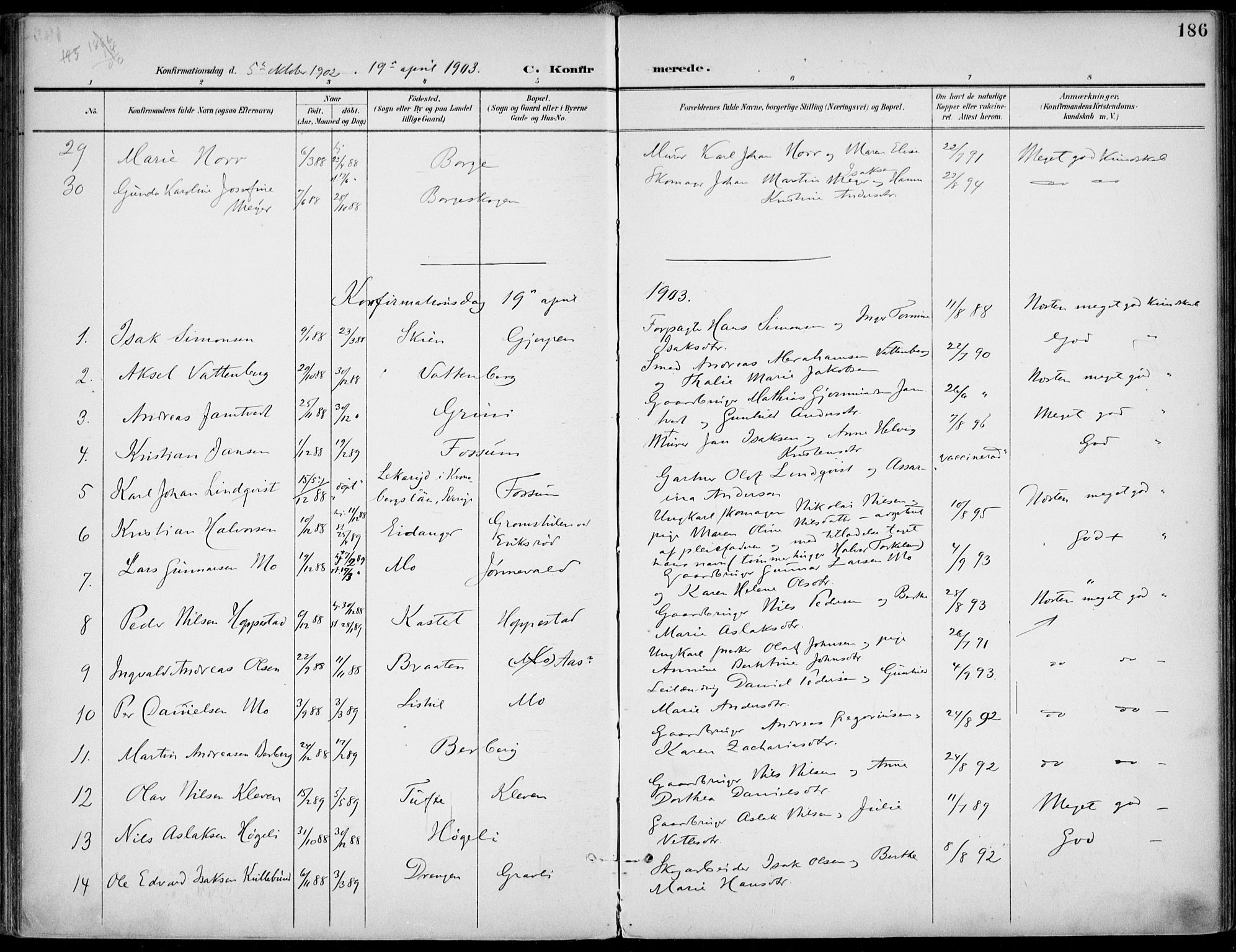 Gjerpen kirkebøker, SAKO/A-265/F/Fa/L0011: Parish register (official) no. I 11, 1896-1904, p. 186