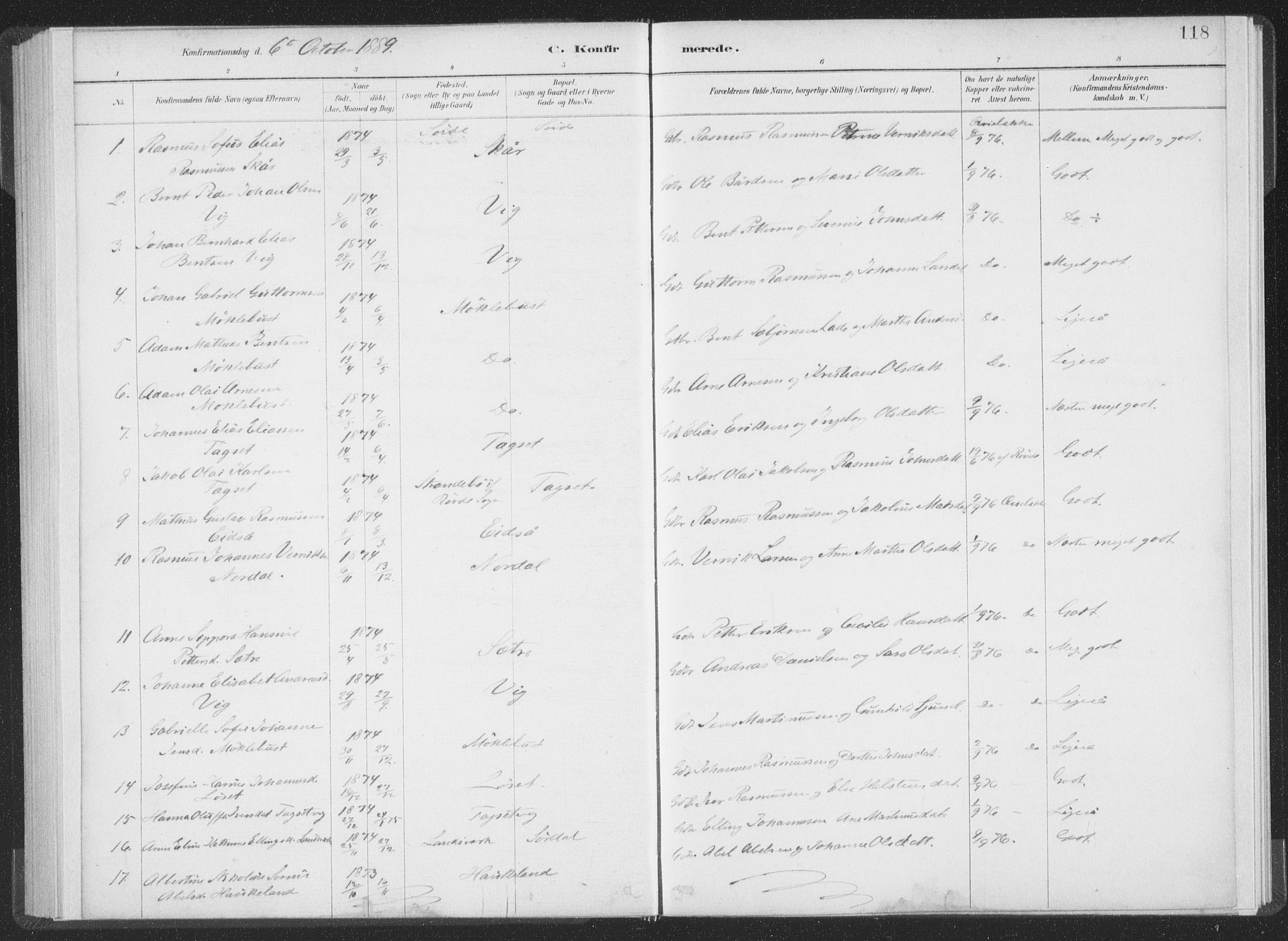 Ministerialprotokoller, klokkerbøker og fødselsregistre - Møre og Romsdal, AV/SAT-A-1454/502/L0025: Parish register (official) no. 502A03, 1885-1909, p. 118