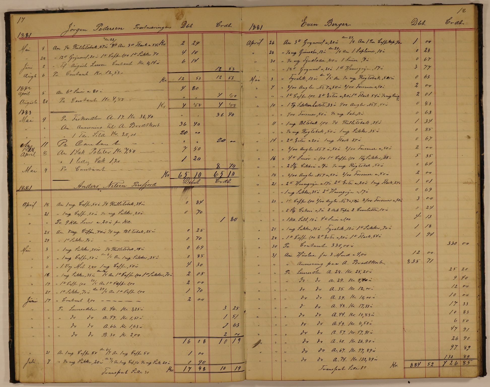 Brodtkorb handel A/S, VAMU/A-0001/E/Ea/L0003/0001: Skipperbøker. Persfjord / Skipperbog for Persfjord No1, 1881-1884, p. 17-18