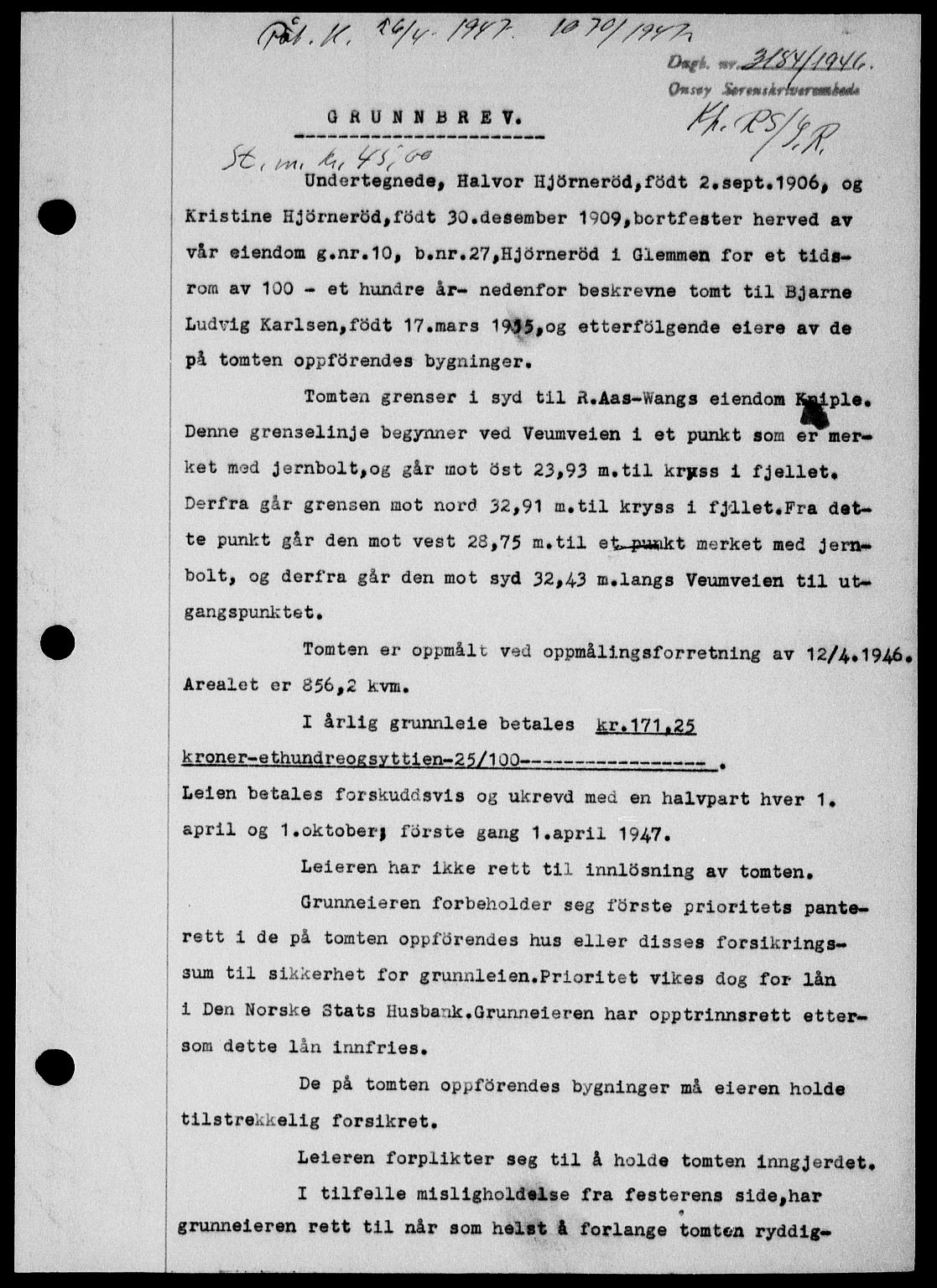 Onsøy sorenskriveri, SAO/A-10474/G/Ga/Gab/L0018: Mortgage book no. II A-18, 1946-1947, Diary no: : 3184/1946