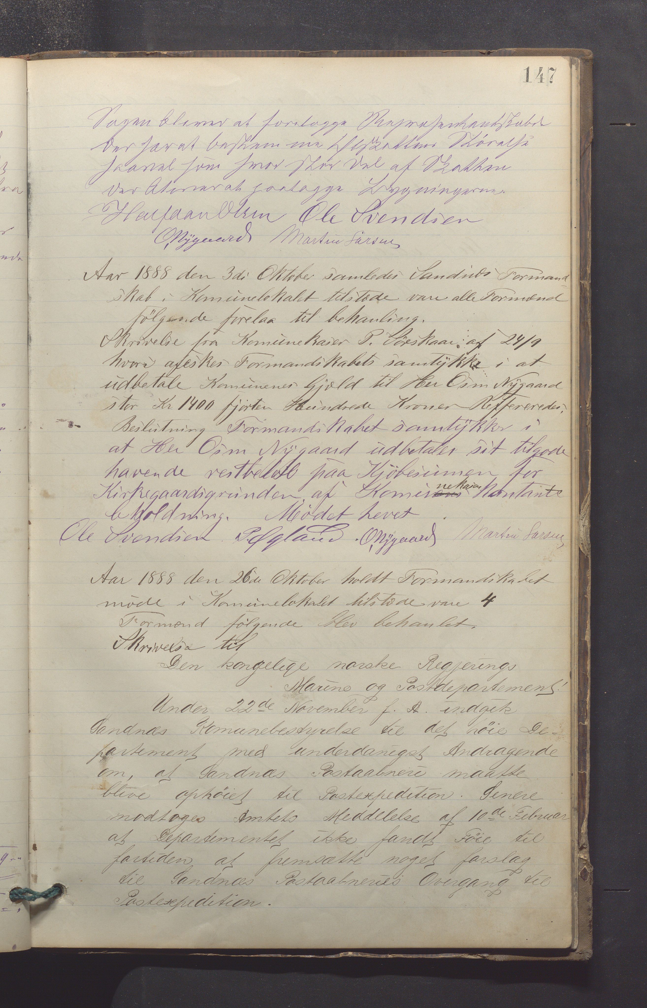 Sandnes kommune - Formannskapet og Bystyret, IKAR/K-100188/Aa/L0003: Møtebok, 1882-1889, p. 147