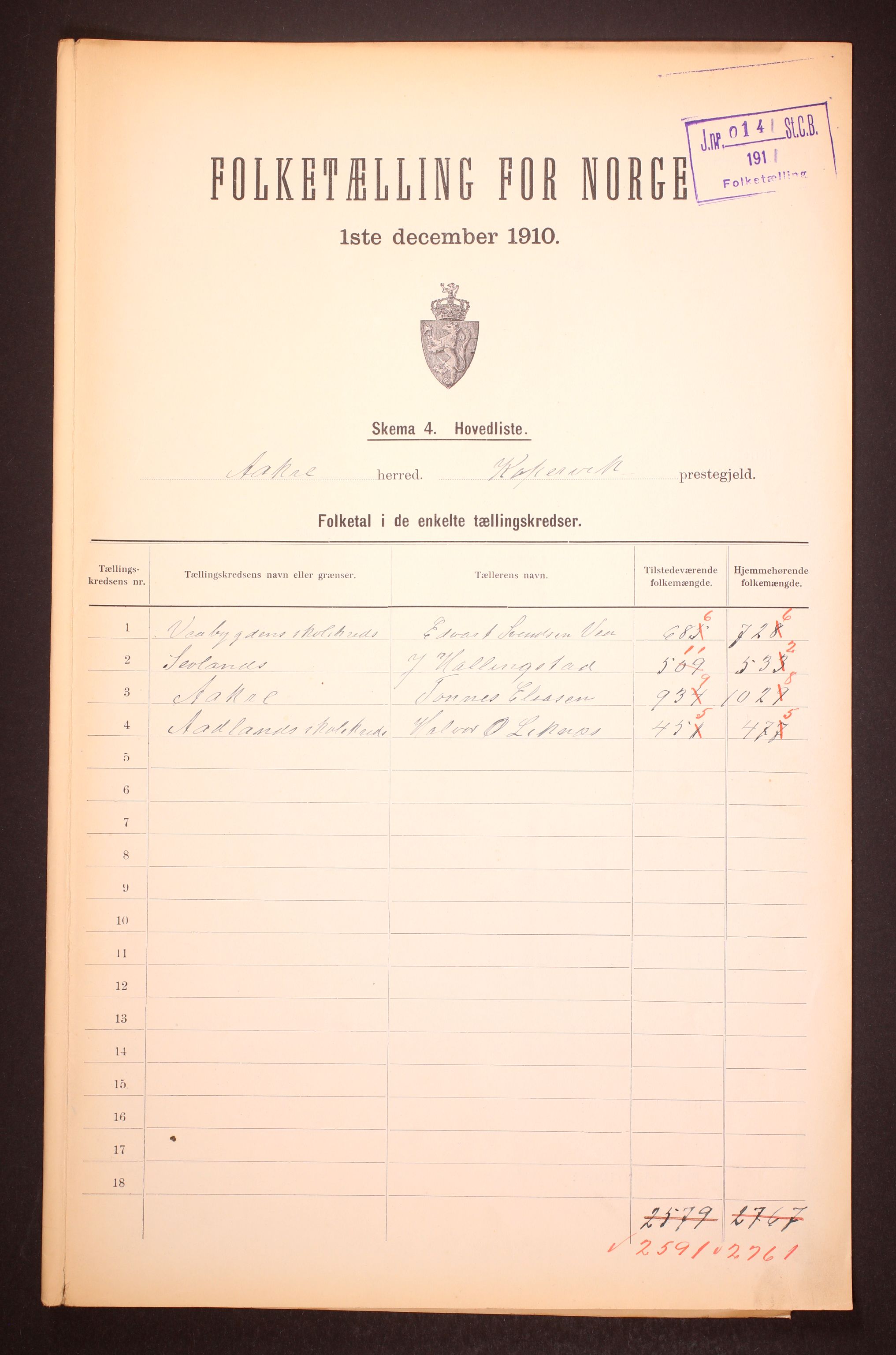 RA, 1910 census for Åkra, 1910, p. 2