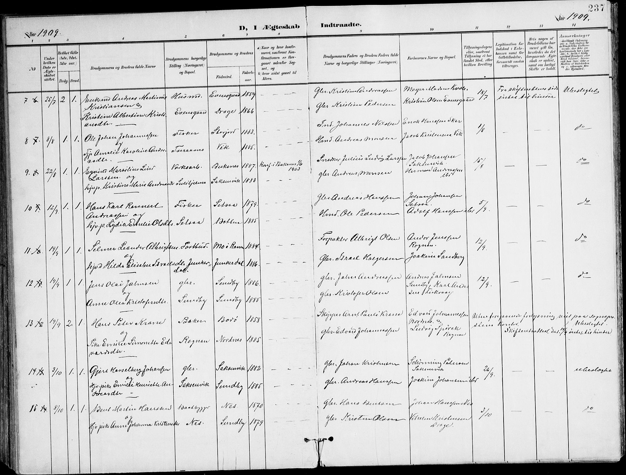 Ministerialprotokoller, klokkerbøker og fødselsregistre - Nordland, AV/SAT-A-1459/847/L0672: Parish register (official) no. 847A12, 1902-1919, p. 237