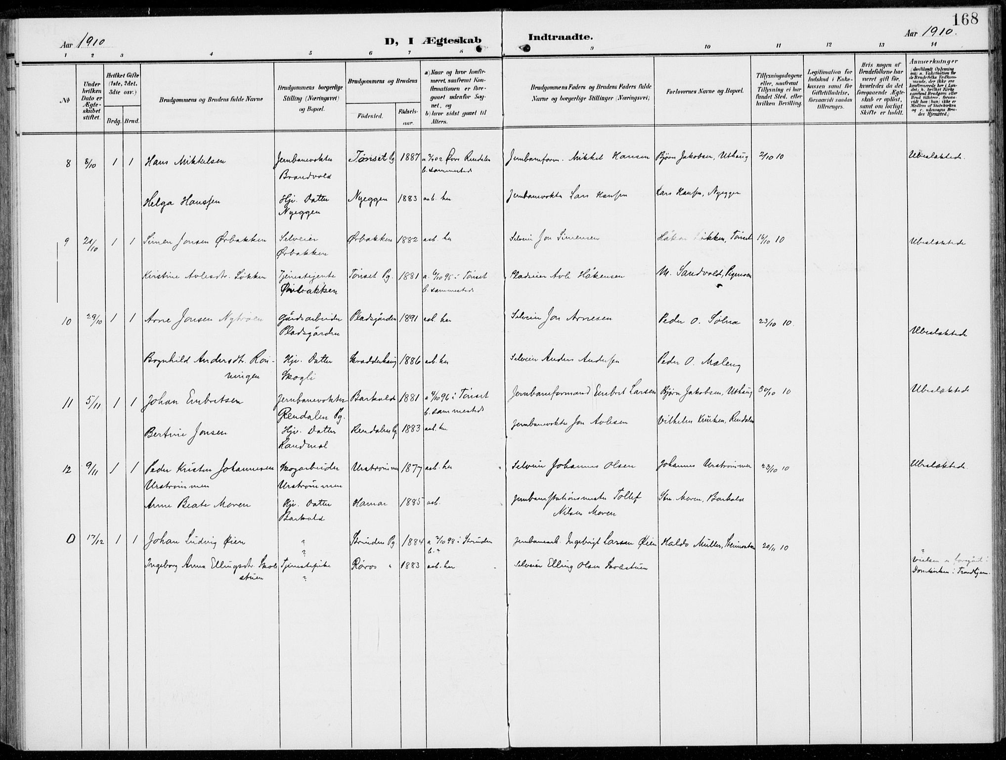 Alvdal prestekontor, SAH/PREST-060/H/Ha/Haa/L0004: Parish register (official) no. 4, 1907-1919, p. 168