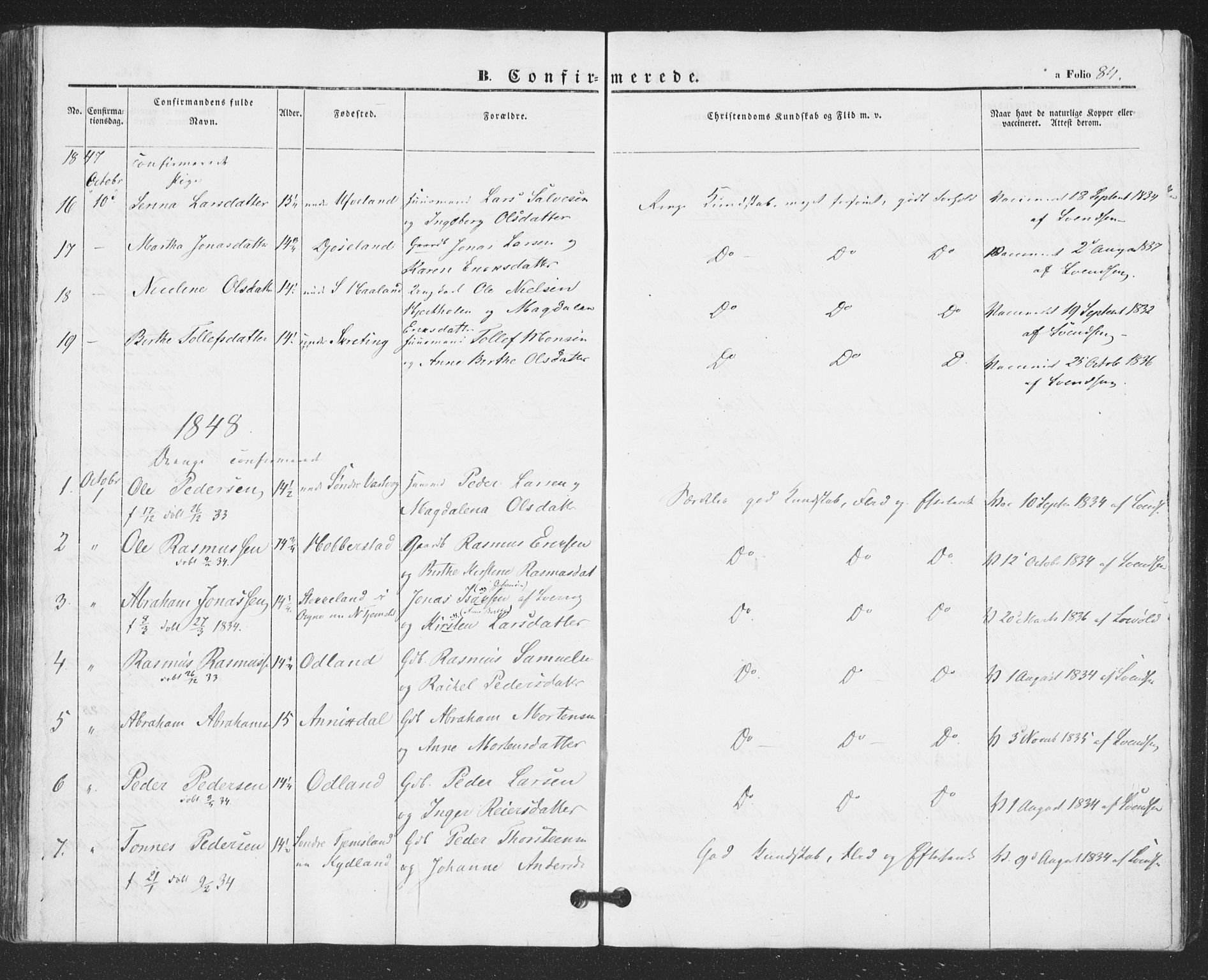 Hå sokneprestkontor, AV/SAST-A-101801/001/30BA/L0007: Parish register (official) no. A 6, 1842-1855, p. 84