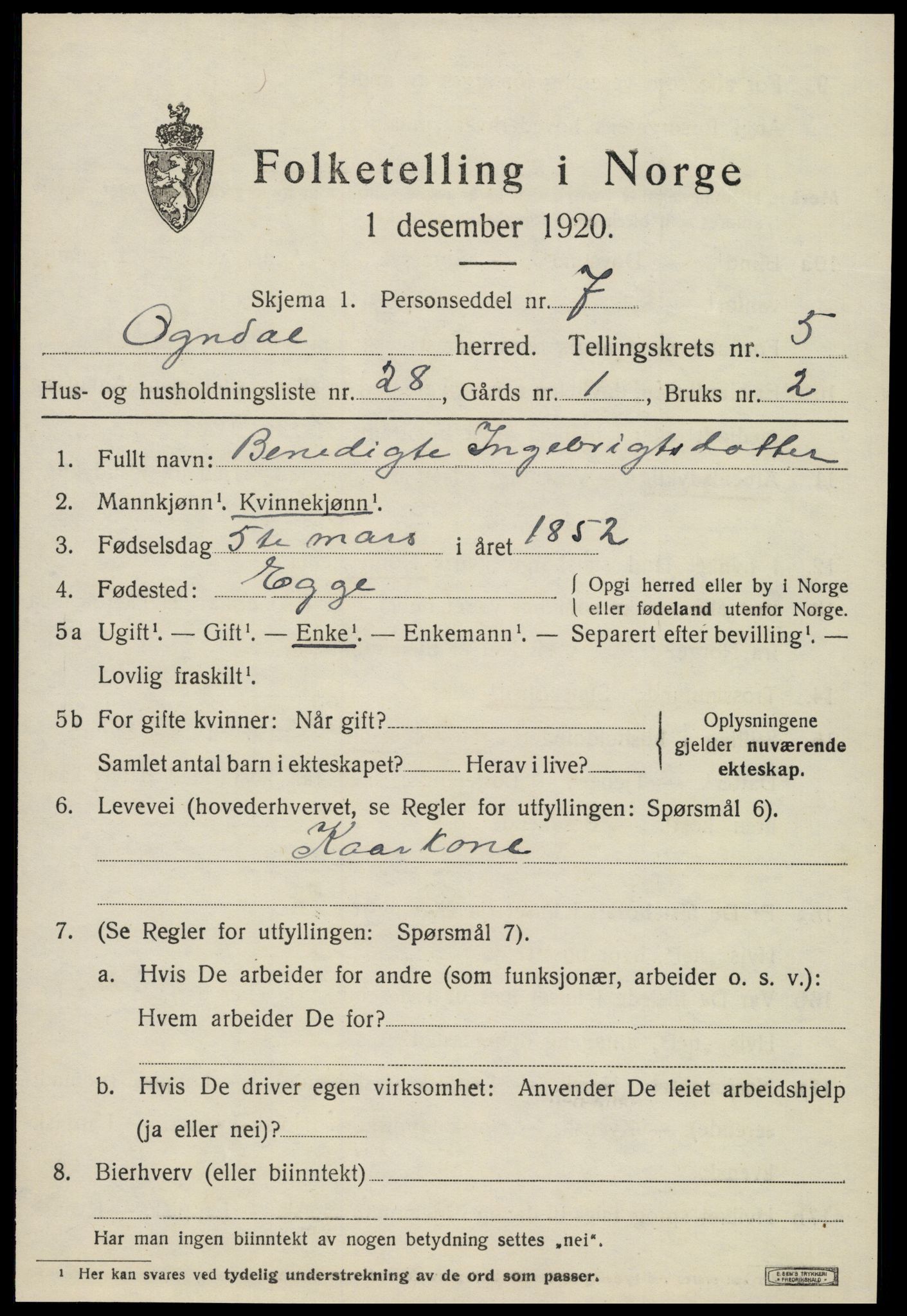 SAT, 1920 census for Ogndal, 1920, p. 2281