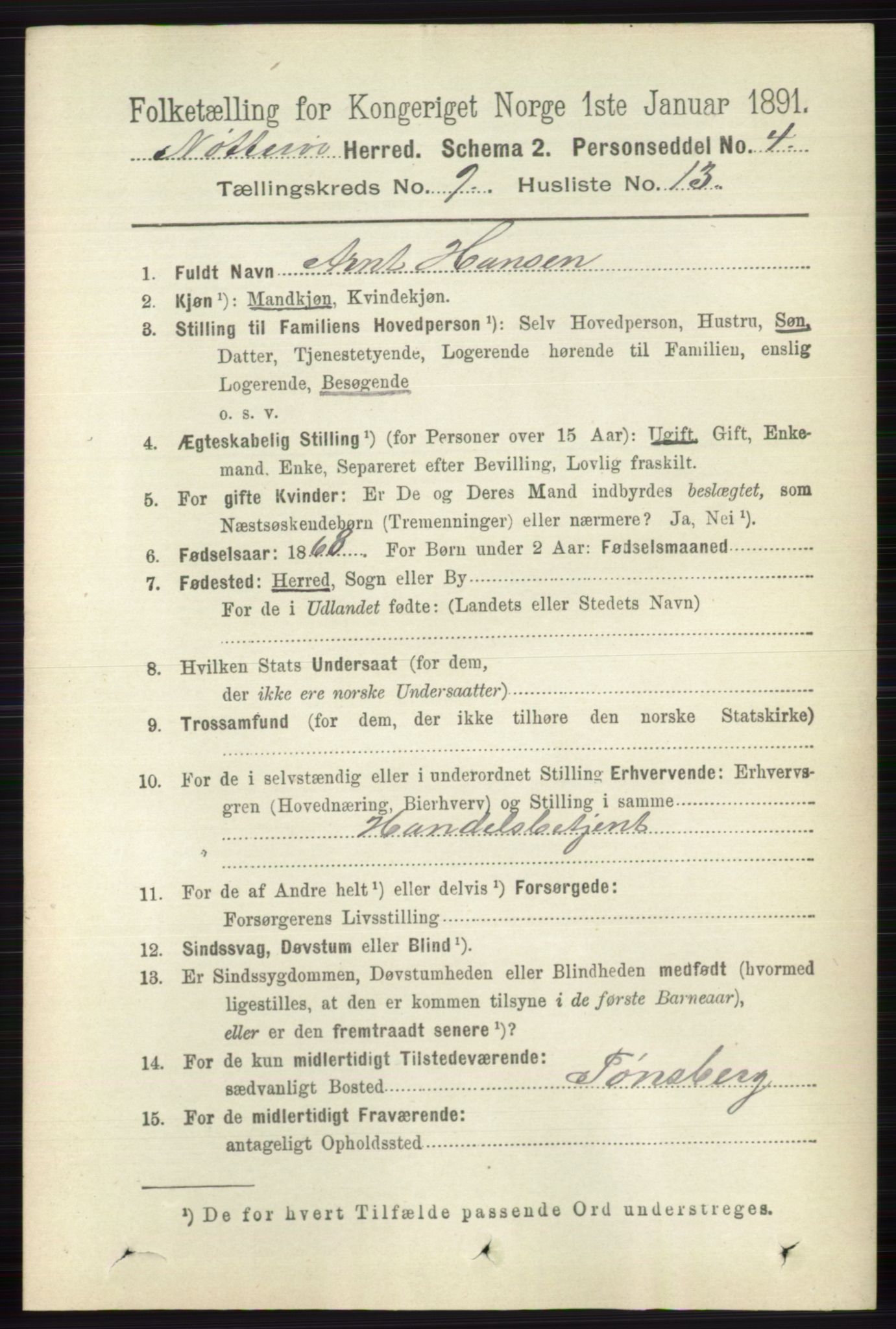 RA, 1891 census for 0722 Nøtterøy, 1891, p. 4640