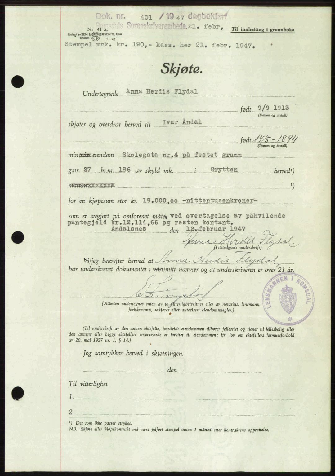 Romsdal sorenskriveri, SAT/A-4149/1/2/2C: Mortgage book no. A22, 1947-1947, Diary no: : 401/1947