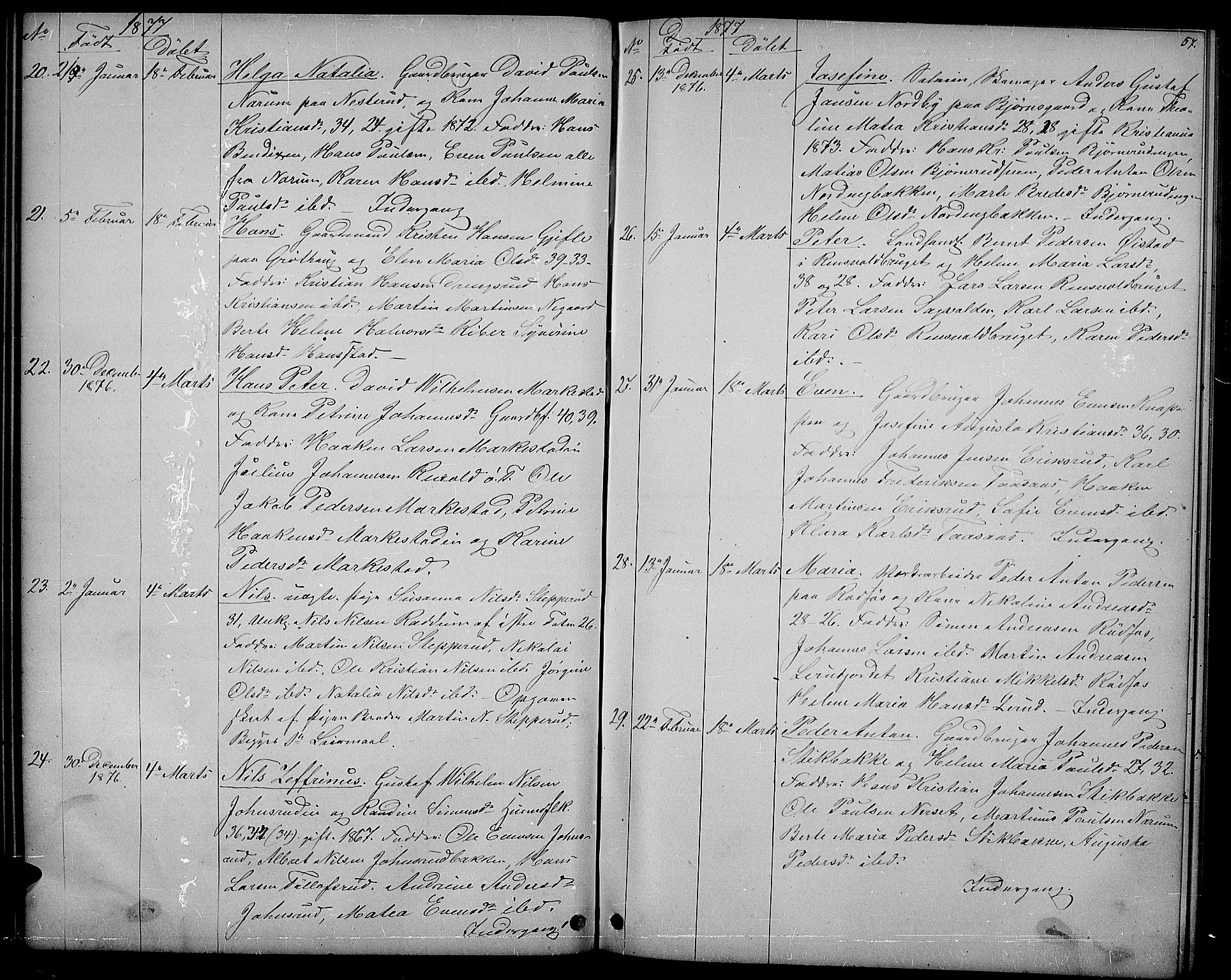 Vestre Toten prestekontor, SAH/PREST-108/H/Ha/Hab/L0006: Parish register (copy) no. 6, 1870-1887, p. 57