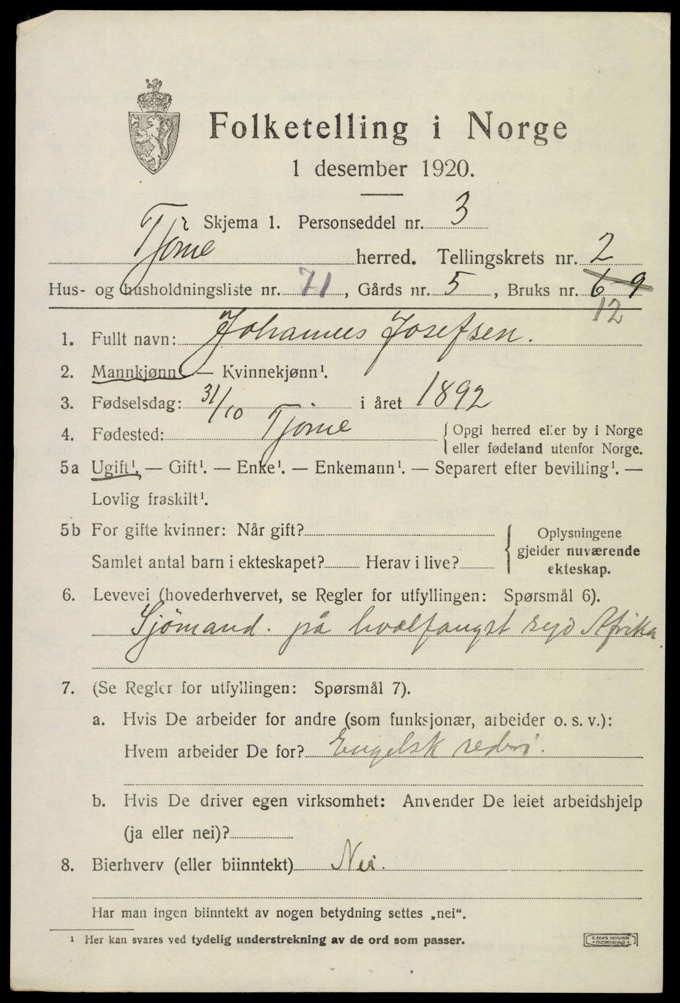 SAKO, 1920 census for Tjøme, 1920, p. 3445