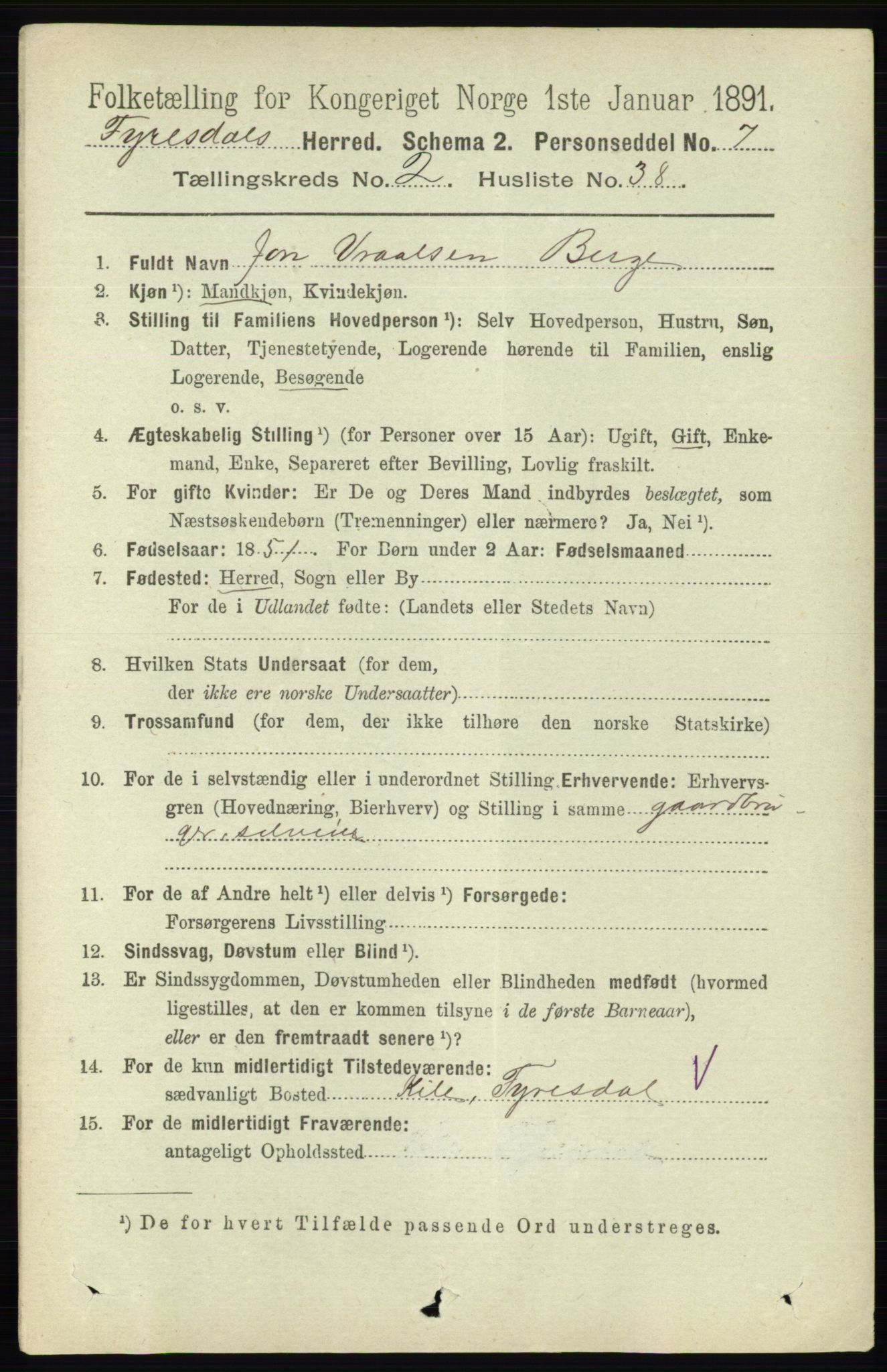 RA, 1891 census for 0831 Fyresdal, 1891, p. 531