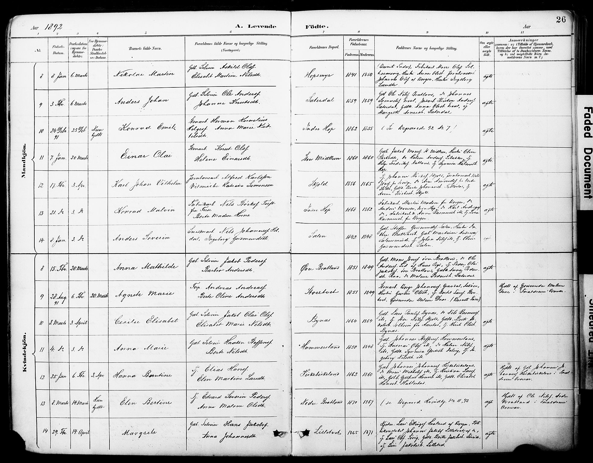 Fana Sokneprestembete, AV/SAB-A-75101/H/Haa/Haai/L0002: Parish register (official) no. I 2, 1888-1899, p. 26