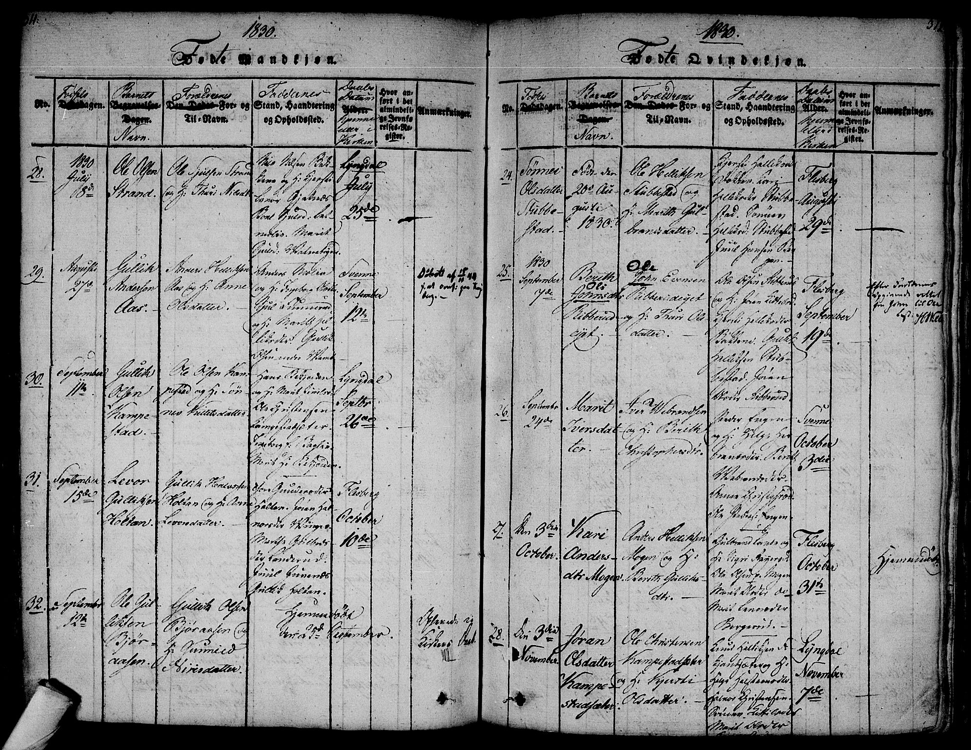 Flesberg kirkebøker, AV/SAKO-A-18/F/Fa/L0005: Parish register (official) no. I 5, 1816-1834, p. 311-312