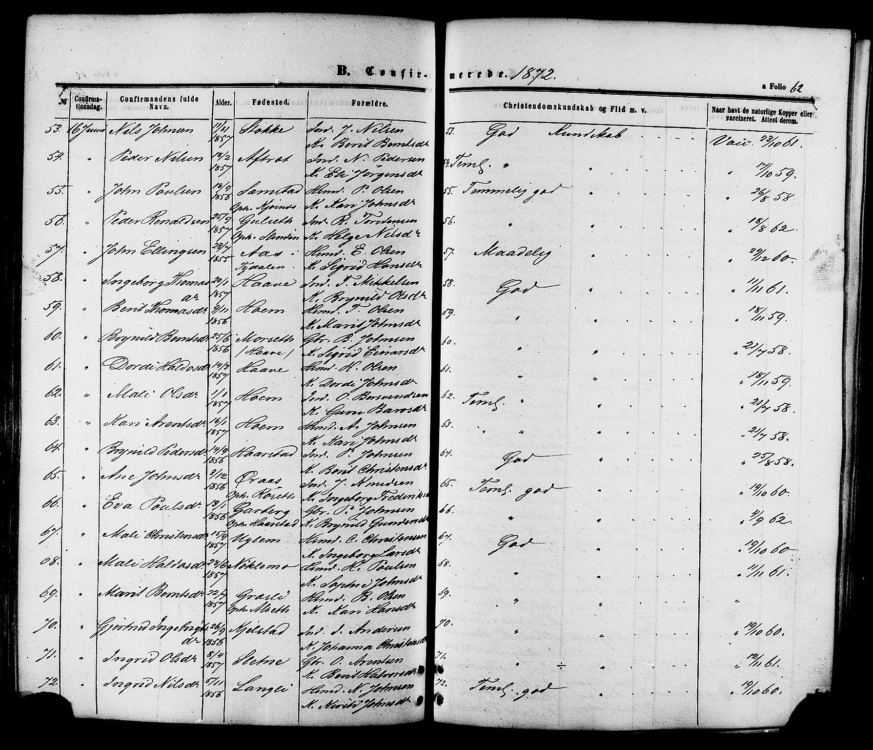 Ministerialprotokoller, klokkerbøker og fødselsregistre - Sør-Trøndelag, AV/SAT-A-1456/695/L1147: Parish register (official) no. 695A07, 1860-1877, p. 62