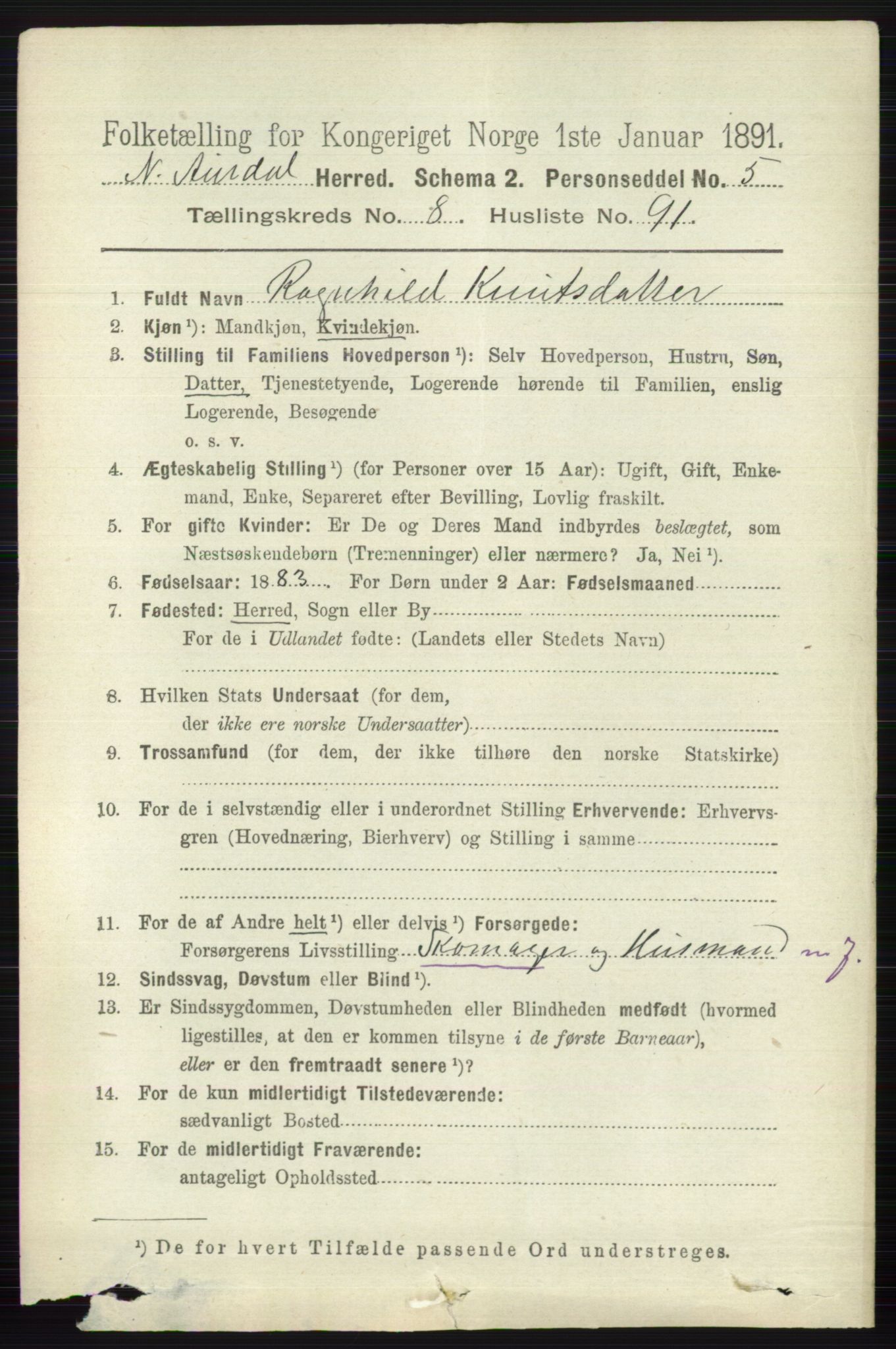 RA, 1891 census for 0542 Nord-Aurdal, 1891, p. 3365