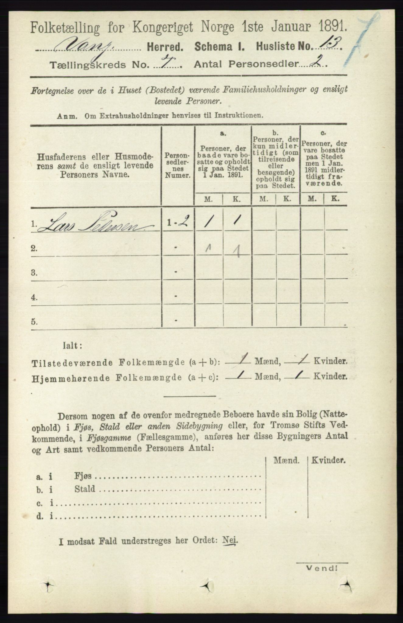 RA, 1891 census for 0414 Vang, 1891, p. 2642