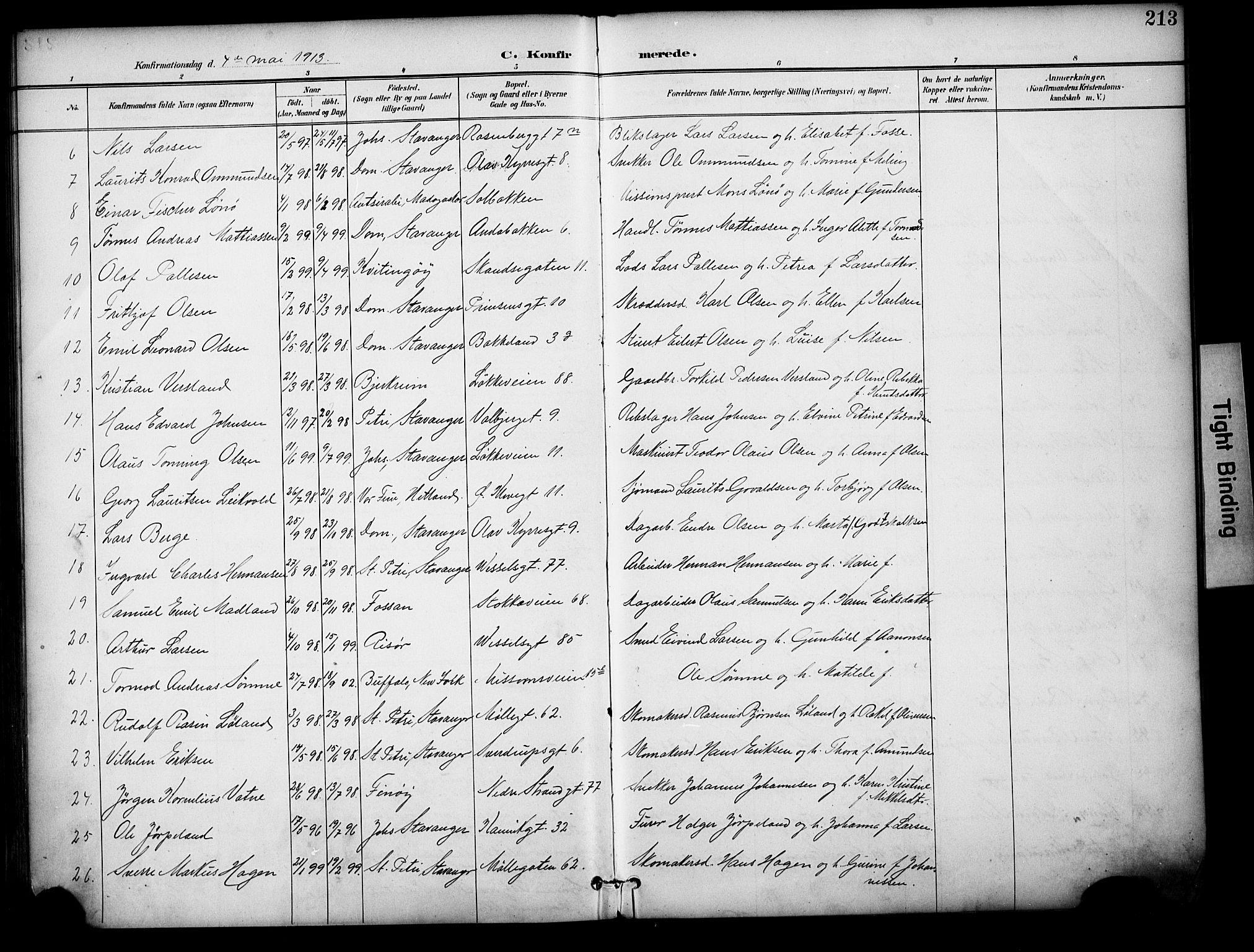 Domkirken sokneprestkontor, SAST/A-101812/001/30/30BA/L0031: Parish register (official) no. A 30, 1896-1916, p. 213