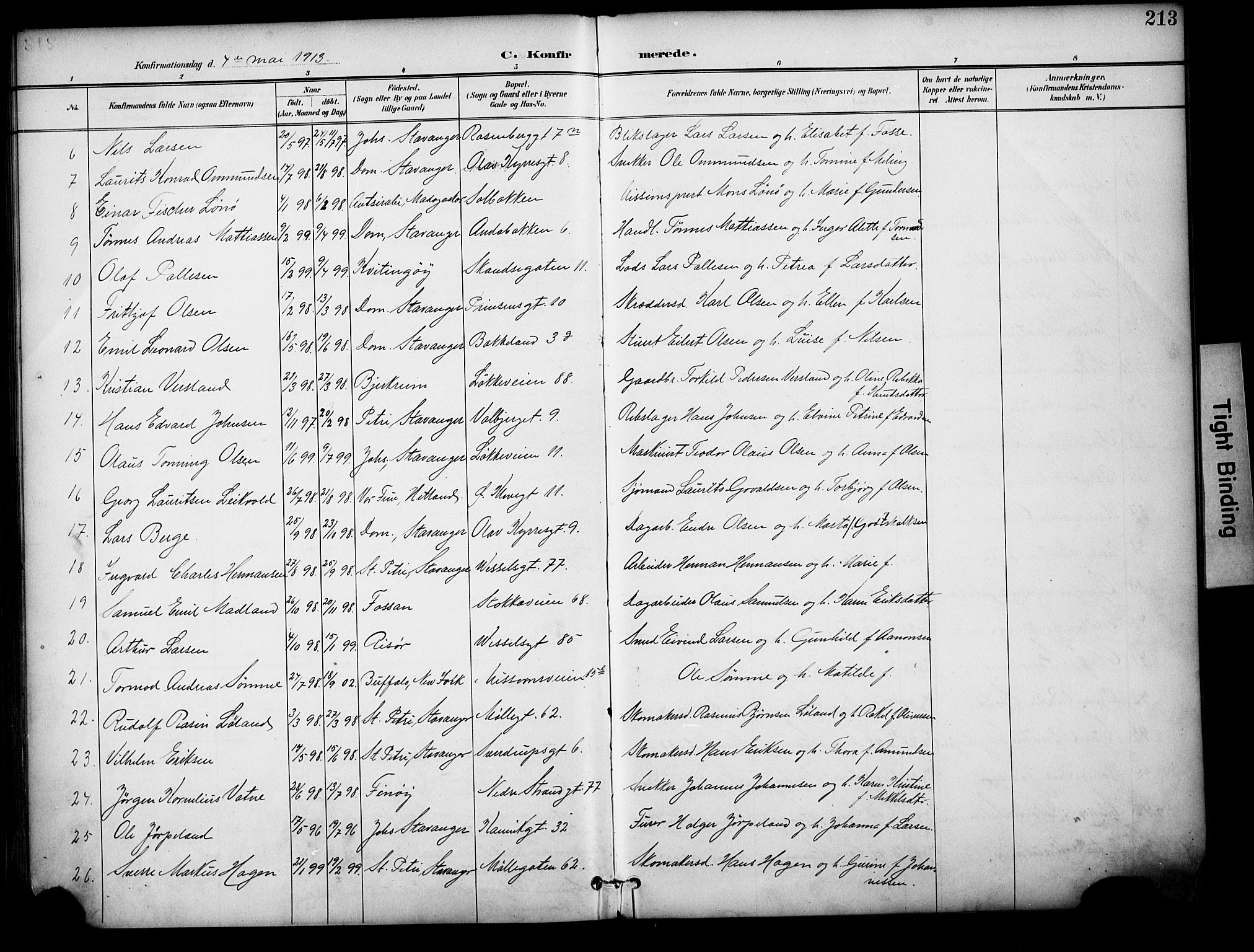 Domkirken sokneprestkontor, AV/SAST-A-101812/001/30/30BA/L0031: Parish register (official) no. A 30, 1896-1916, p. 213